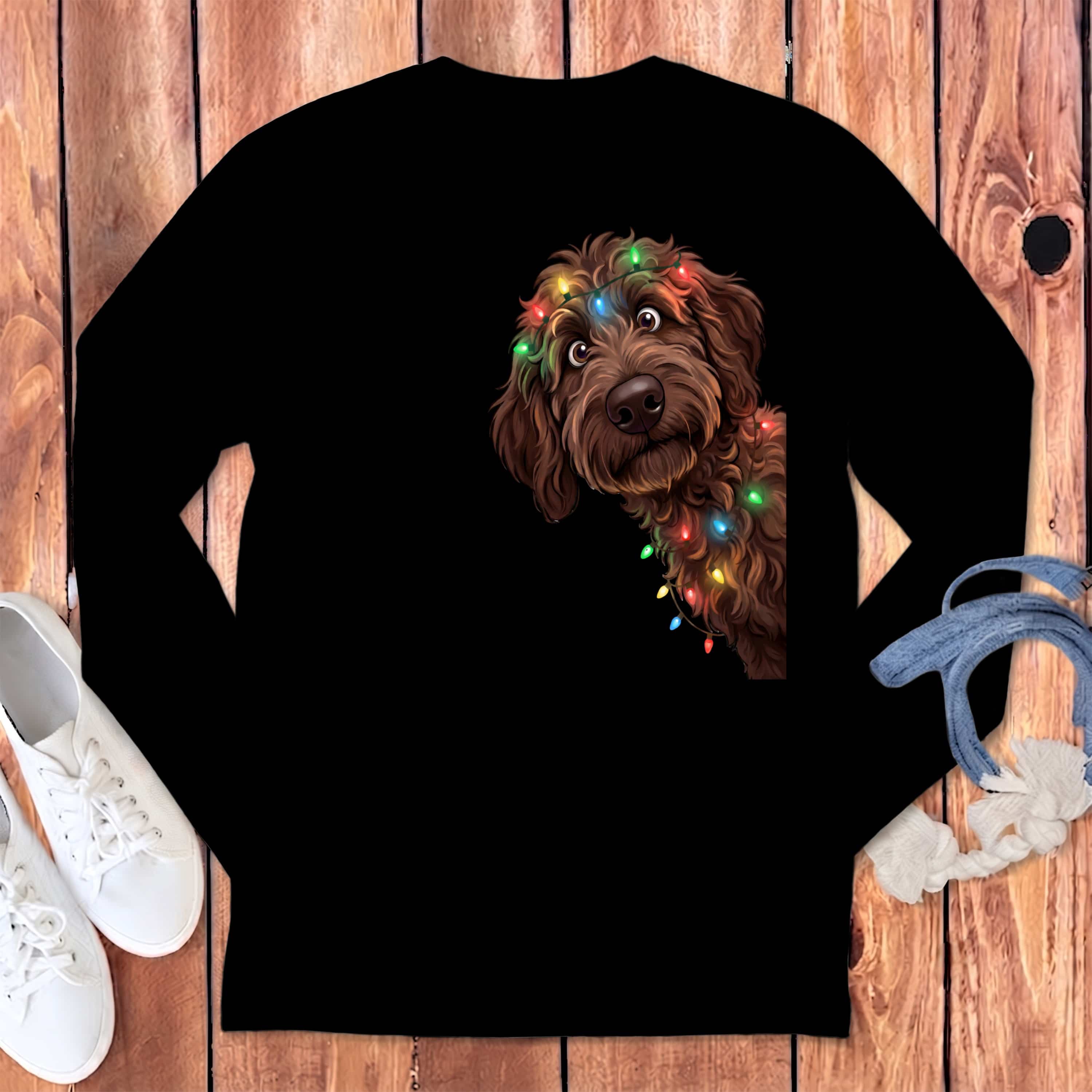 Peeking Chocolate Goldendoodle Holiday Long Sleeve T-Shirt in Black / S by Puppy Jo