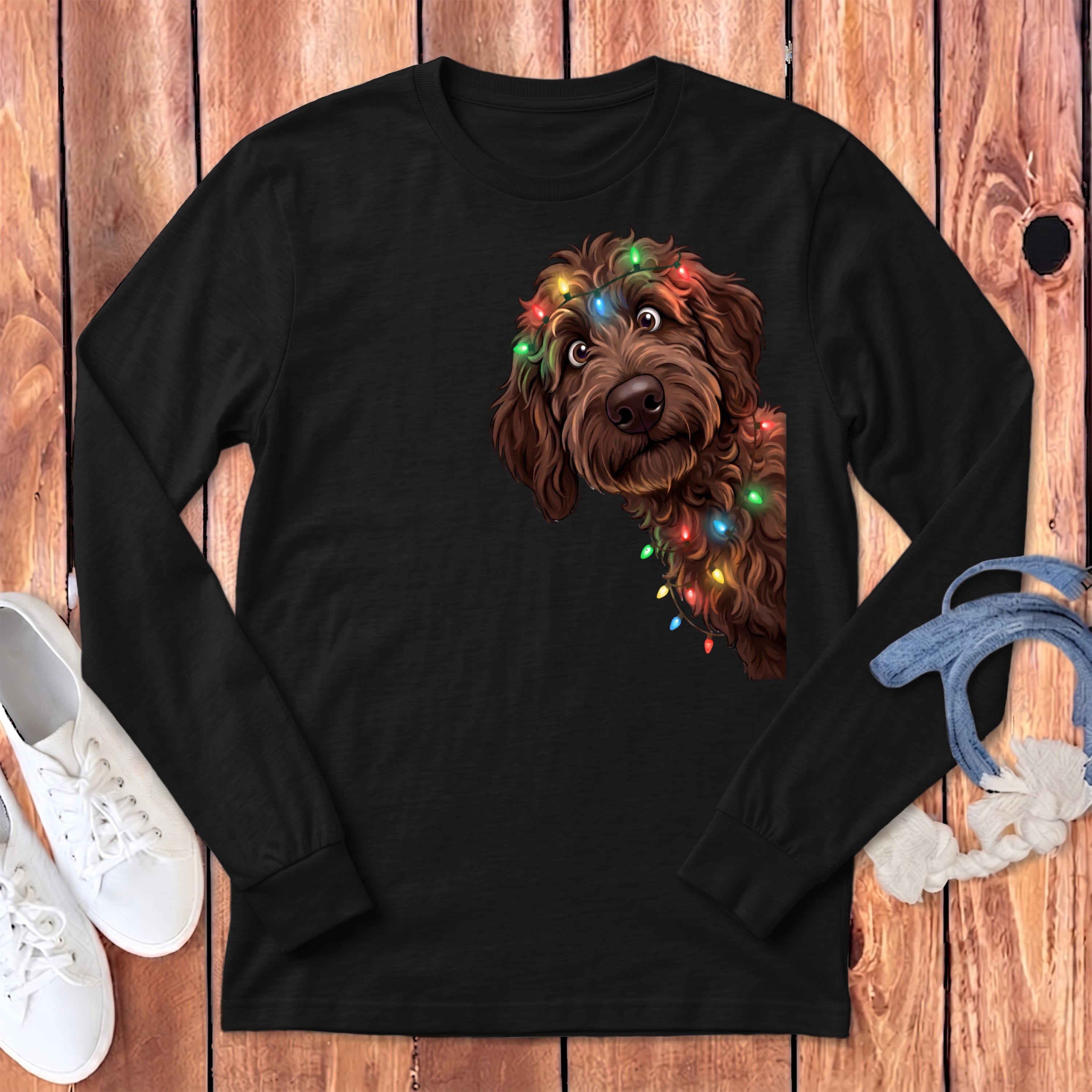 Peeking Chocolate Goldendoodle Holiday Long Sleeve T-Shirt in Dark Grey Heather / S by Puppy Jo