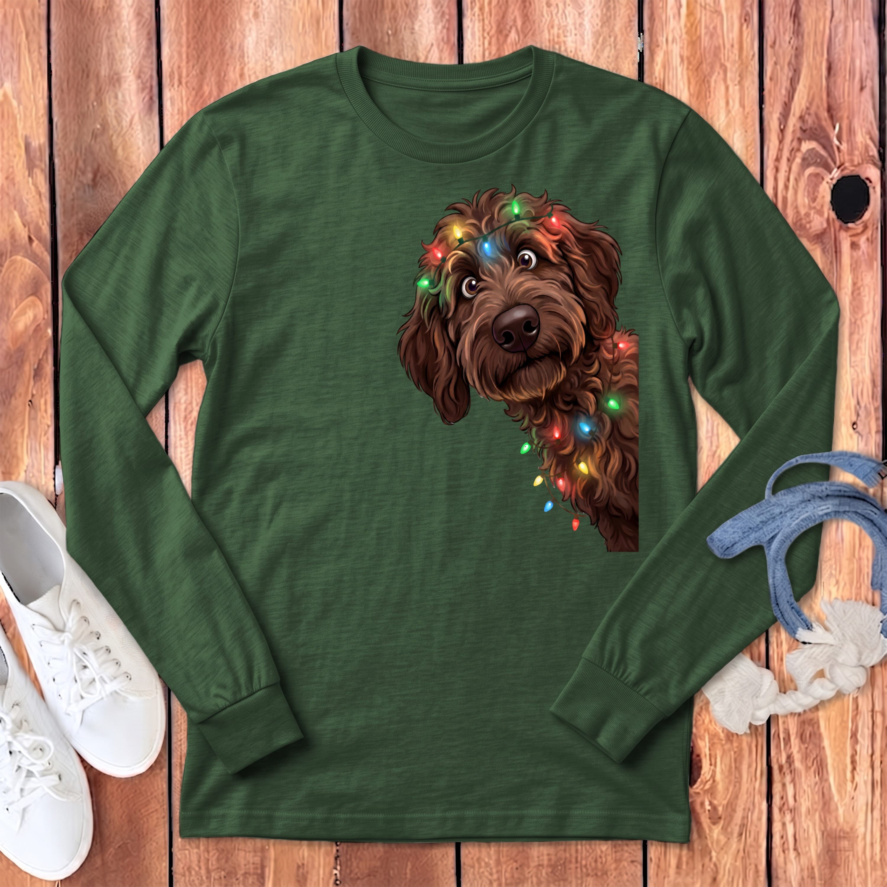 Peeking Chocolate Goldendoodle Holiday Long Sleeve T-Shirt in Heather Forest / S by Puppy Jo