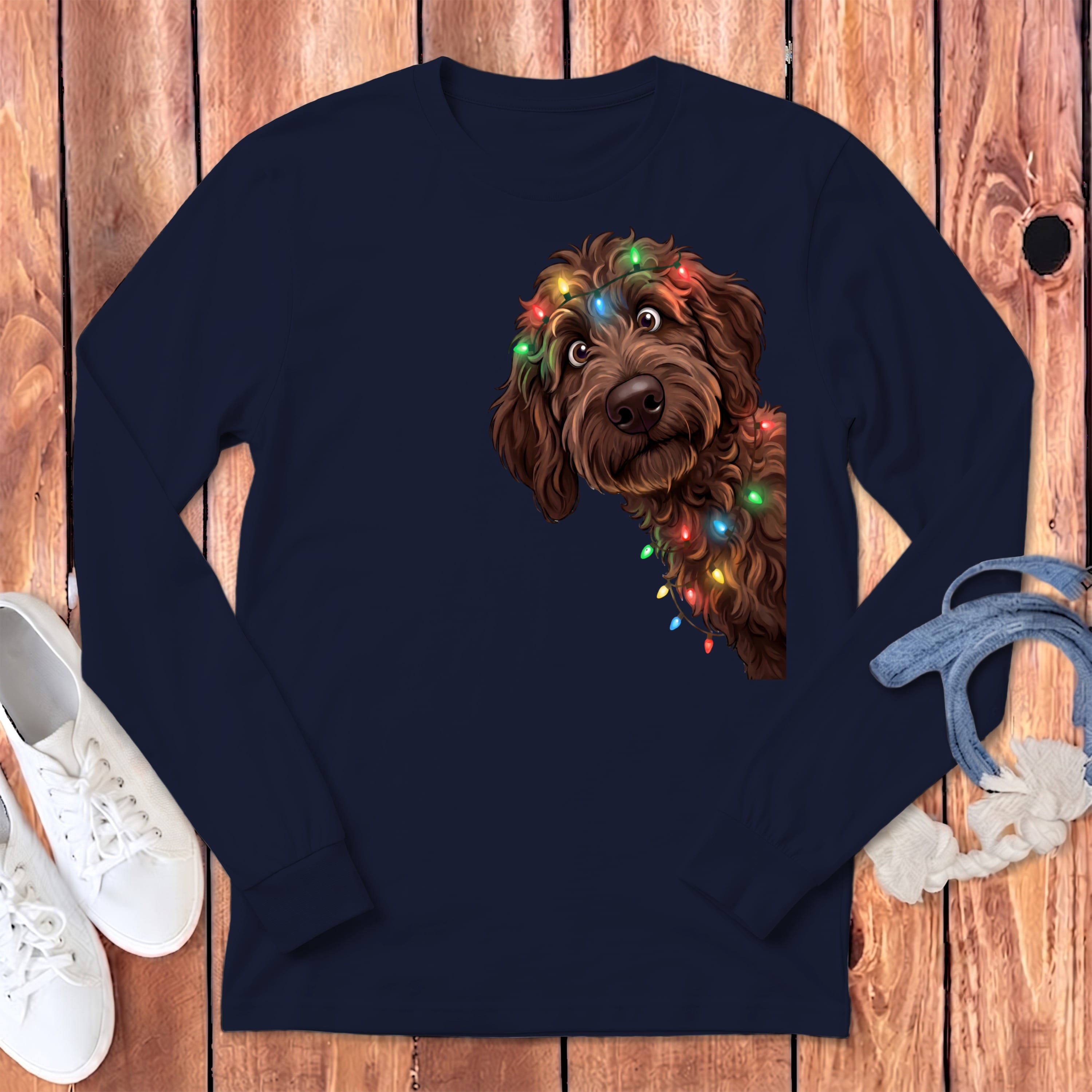 Peeking Chocolate Goldendoodle Holiday Long Sleeve T-Shirt in Navy / S by Puppy Jo