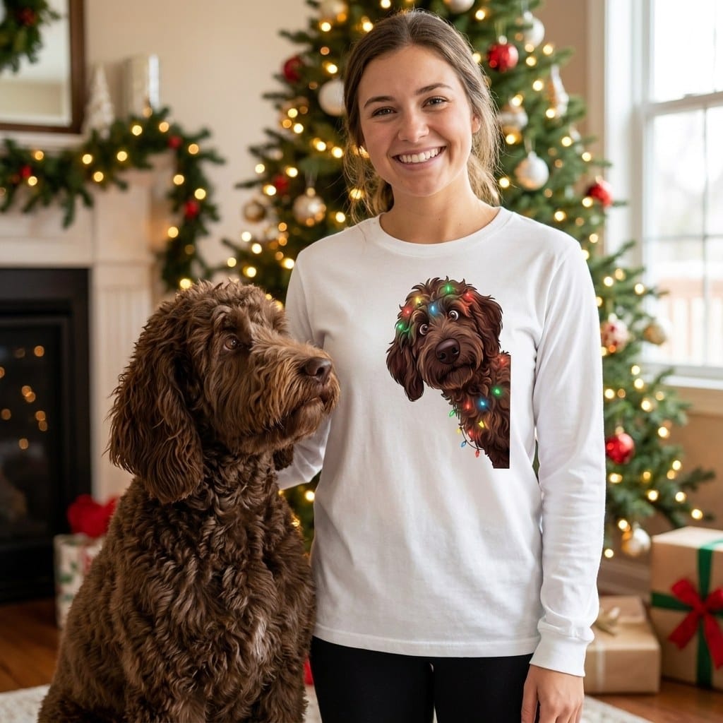 Peeking Chocolate Goldendoodle Holiday Long Sleeve T-Shirt in by Puppy Jo