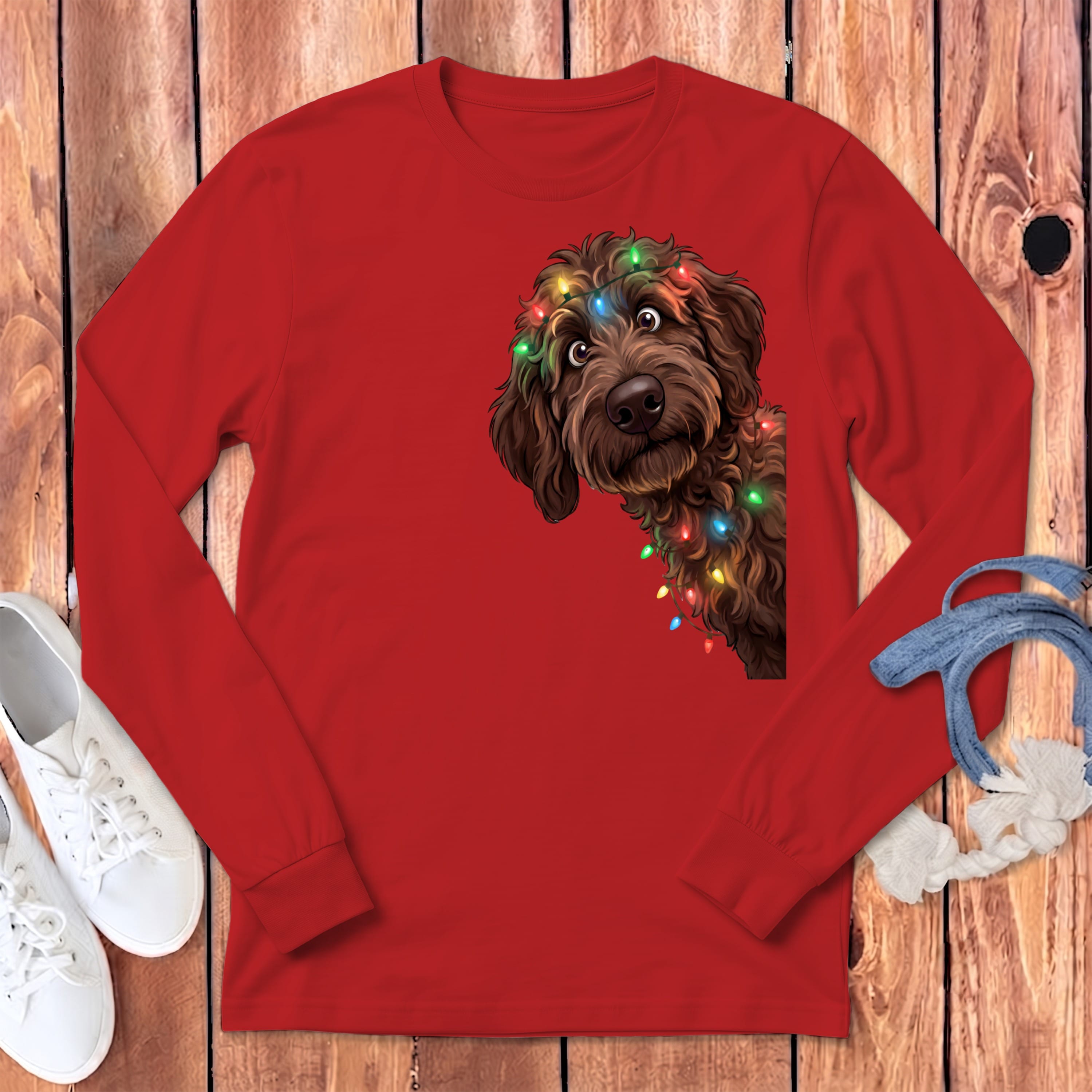 Peeking Chocolate Goldendoodle Holiday Long Sleeve T-Shirt in Red / S by Puppy Jo