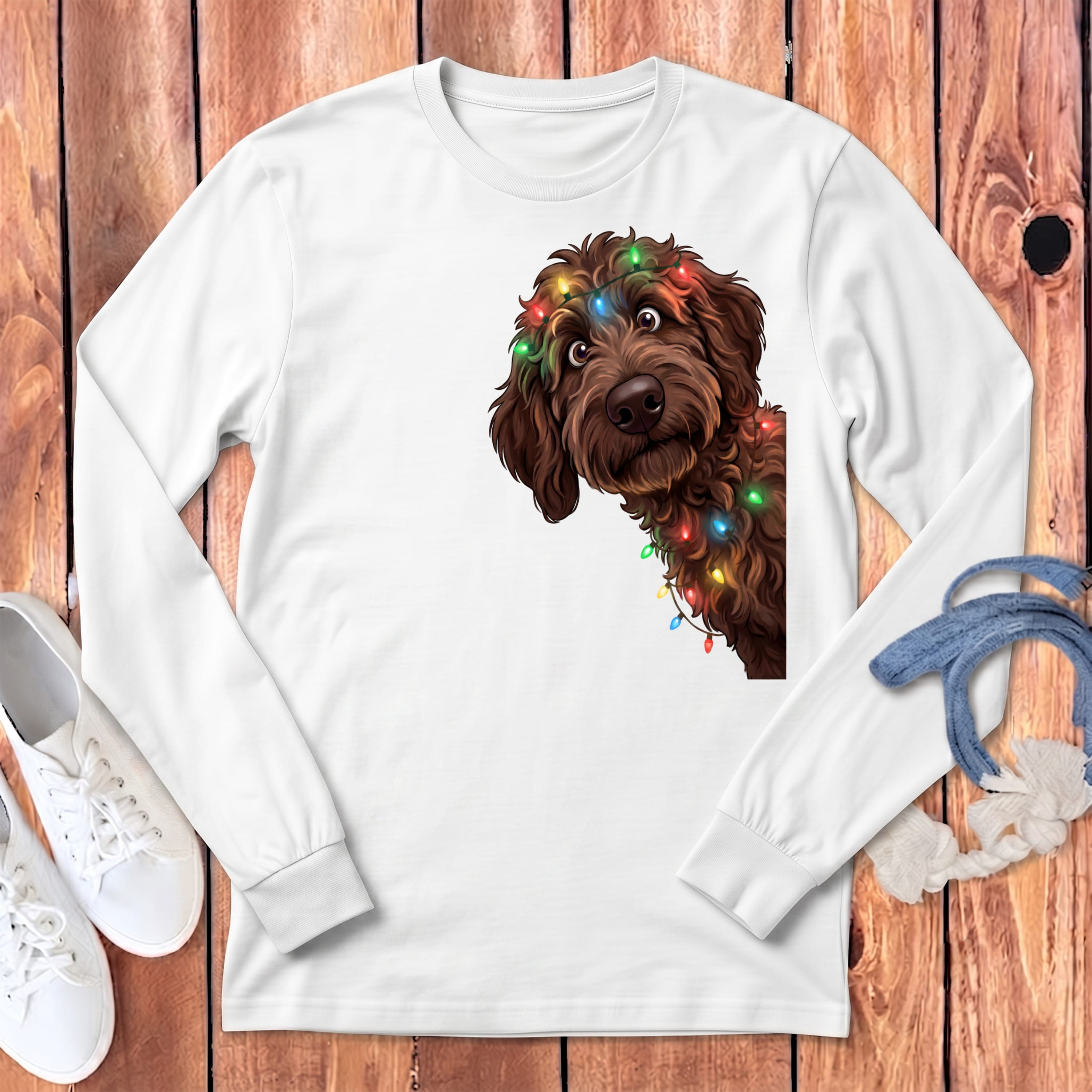 Peeking Chocolate Goldendoodle Holiday Long Sleeve T-Shirt in White / S by Puppy Jo