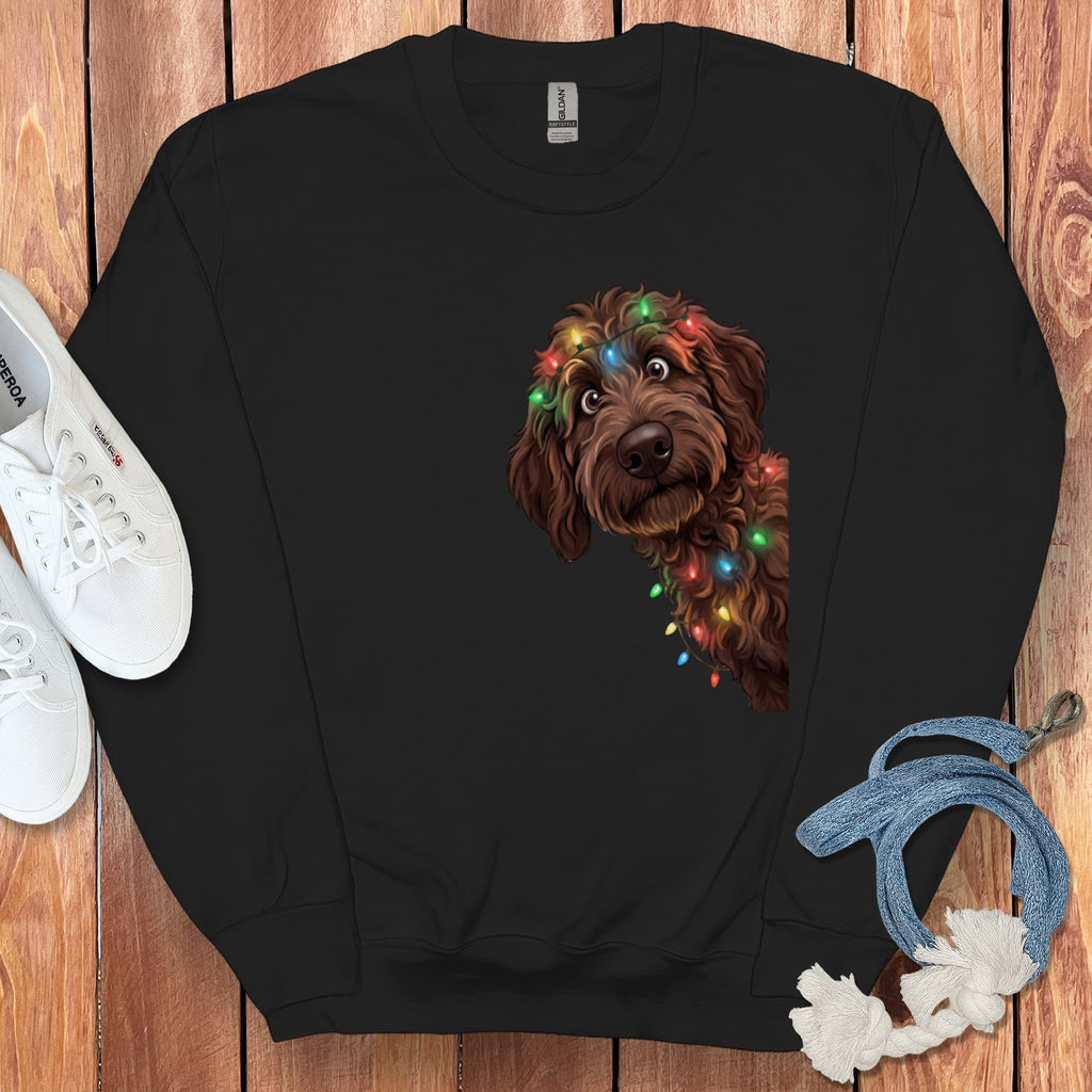 Peeking Chocolate Goldendoodle Holiday Sweatshirt in Black / M by Puppy Jo