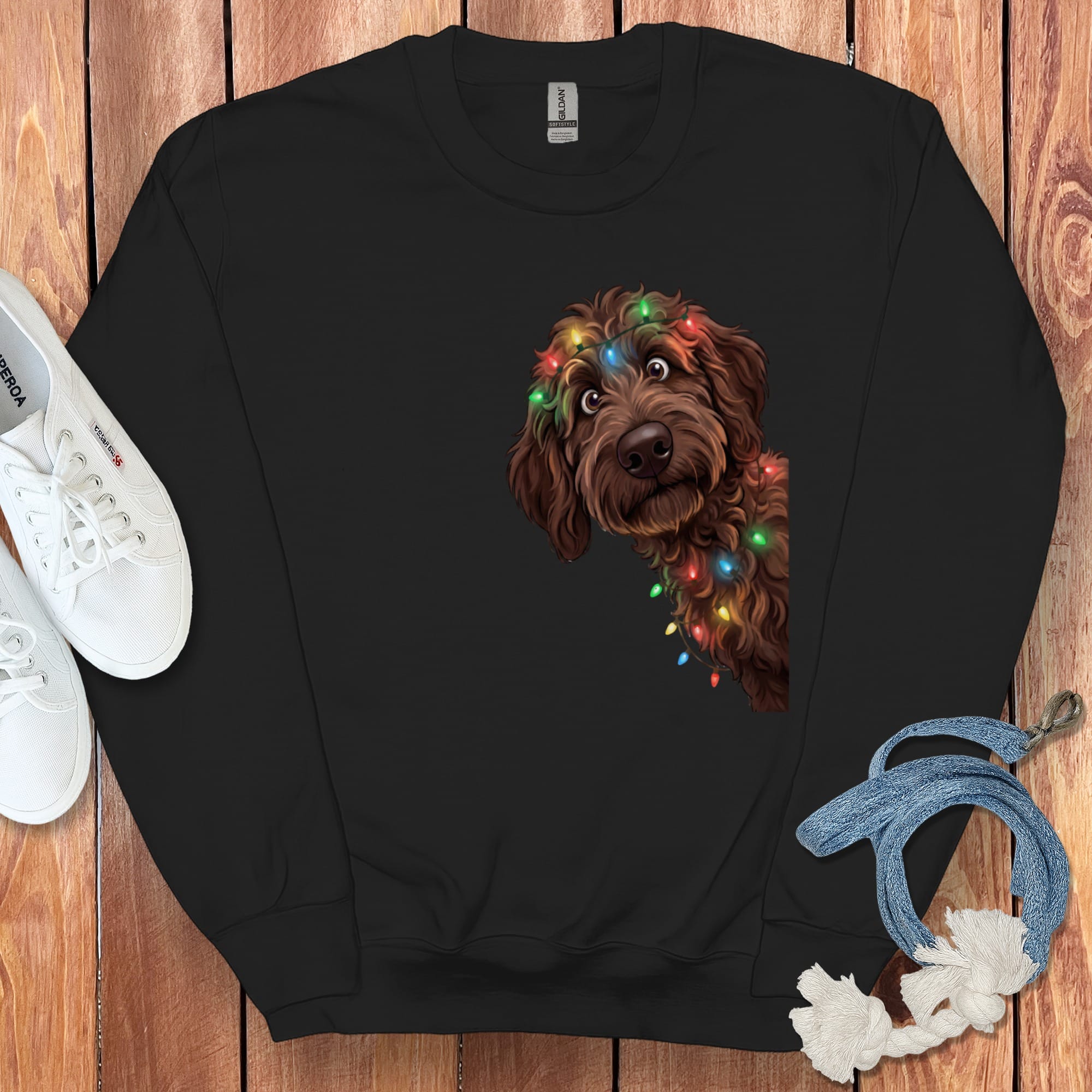 Peeking Chocolate Goldendoodle Holiday Sweatshirt in Black / M by Puppy Jo