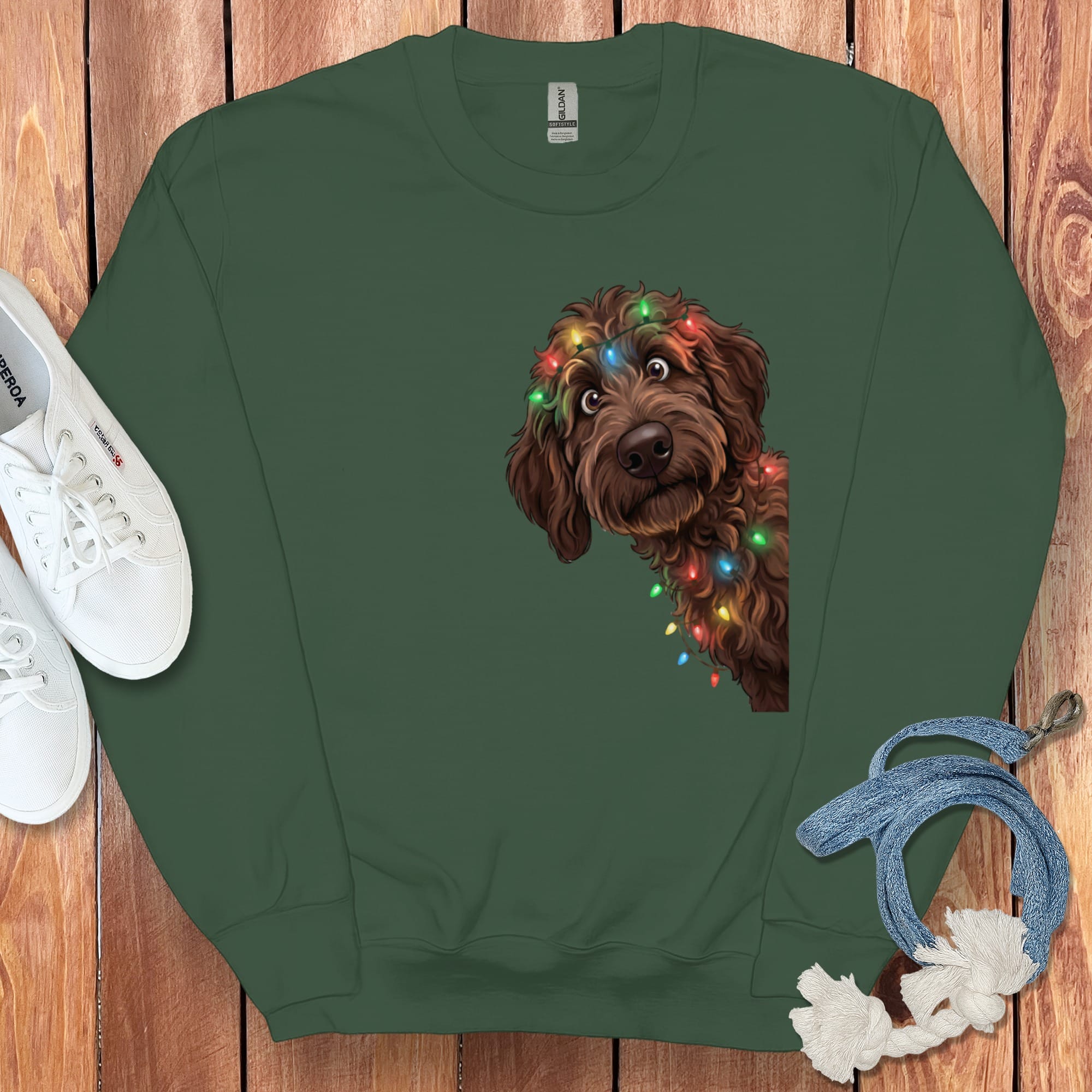 Peeking Chocolate Goldendoodle Holiday Sweatshirt in Forest Green / M by Puppy Jo