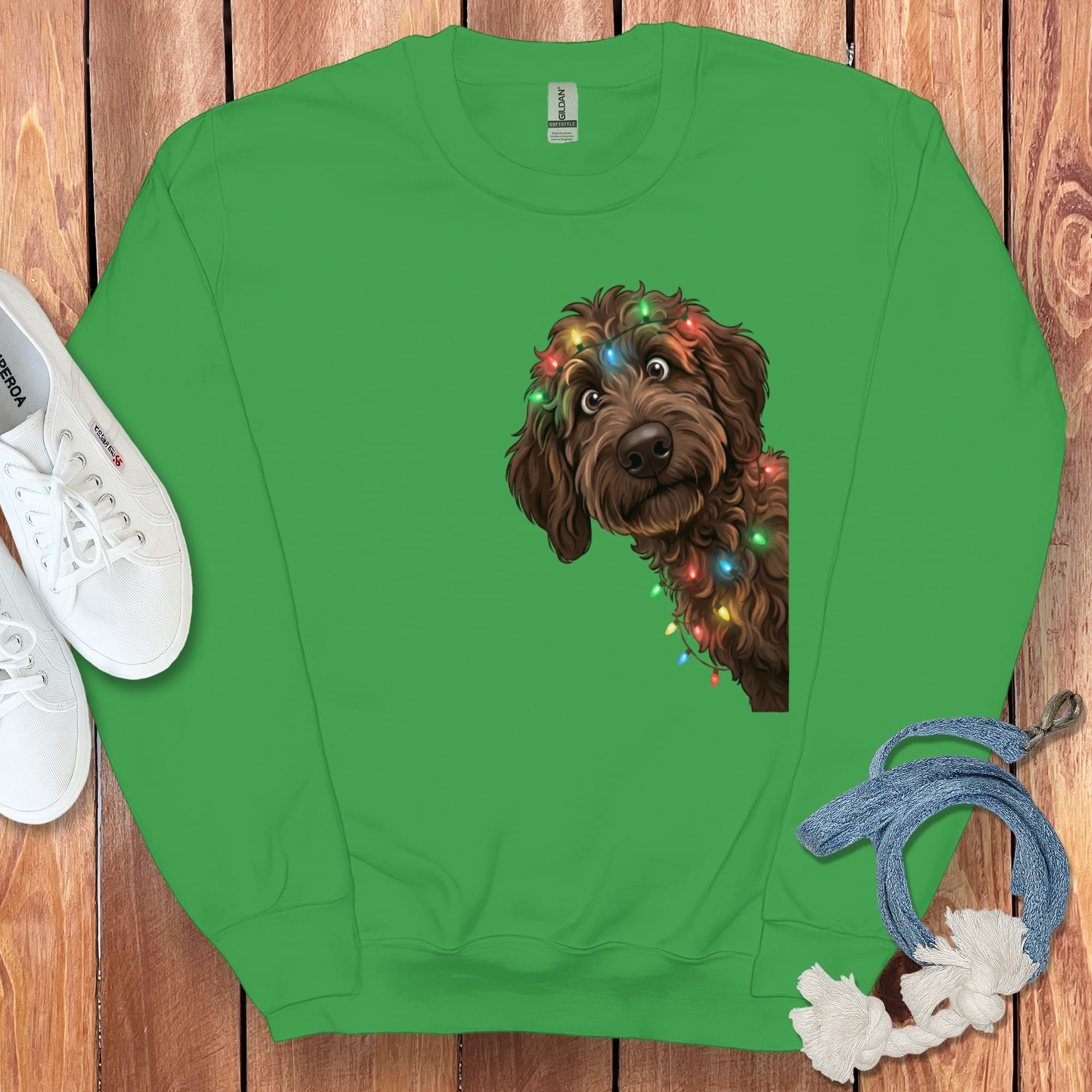Peeking Chocolate Goldendoodle Holiday Sweatshirt in Irish Green / M by Puppy Jo