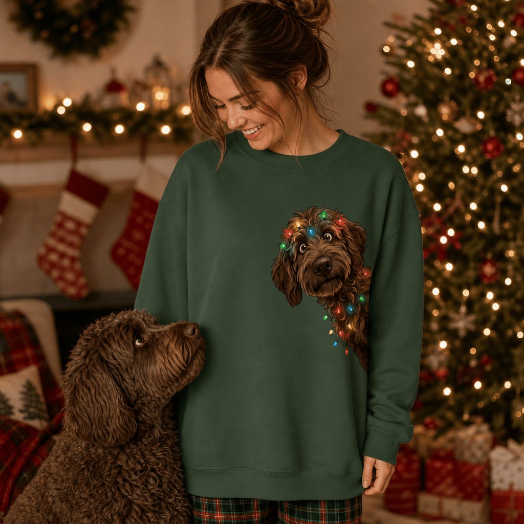 Peeking Chocolate Goldendoodle Holiday Sweatshirt in by Puppy Jo