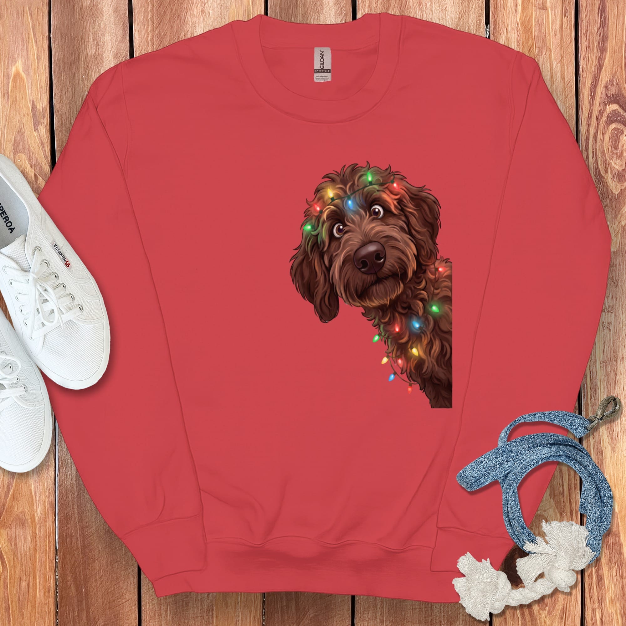 Peeking Chocolate Goldendoodle Holiday Sweatshirt in Red / M by Puppy Jo