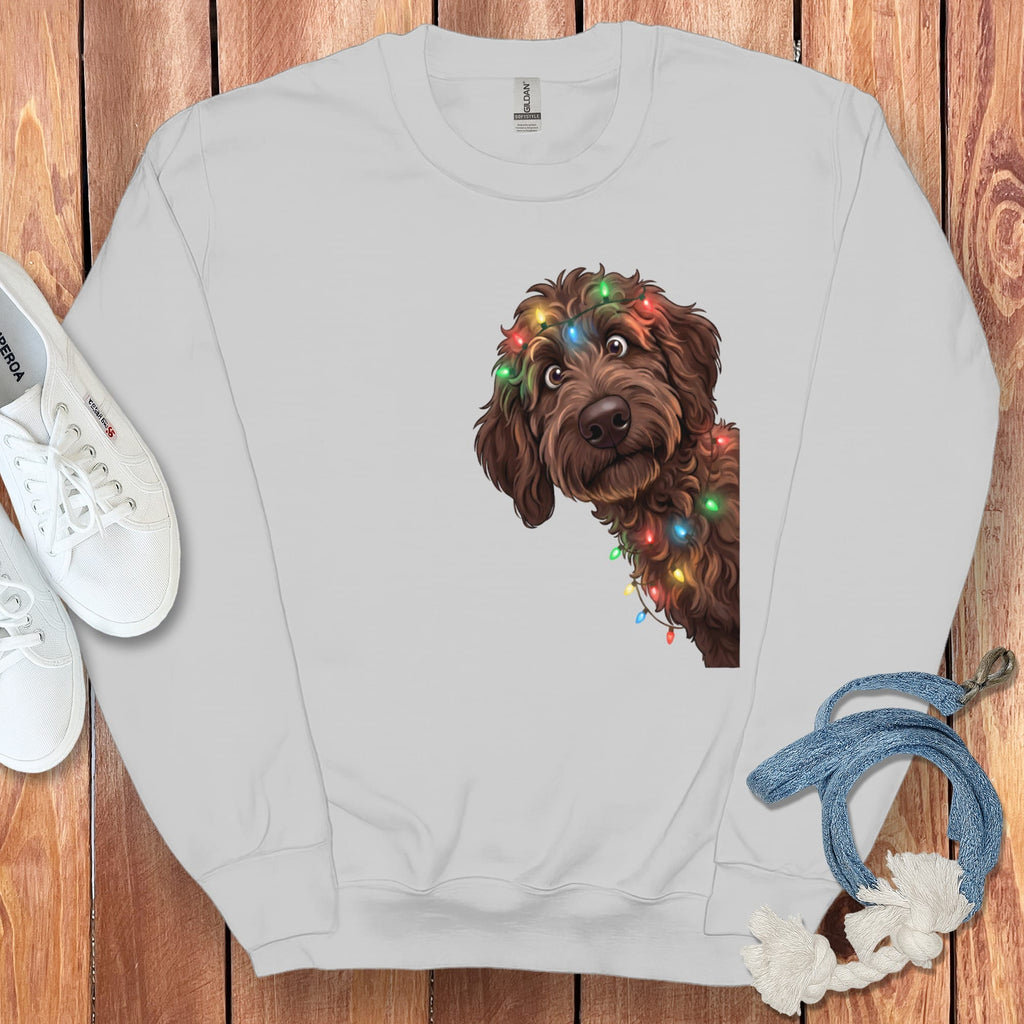 Peeking Chocolate Goldendoodle Holiday Sweatshirt in Sport Grey / M by Puppy Jo