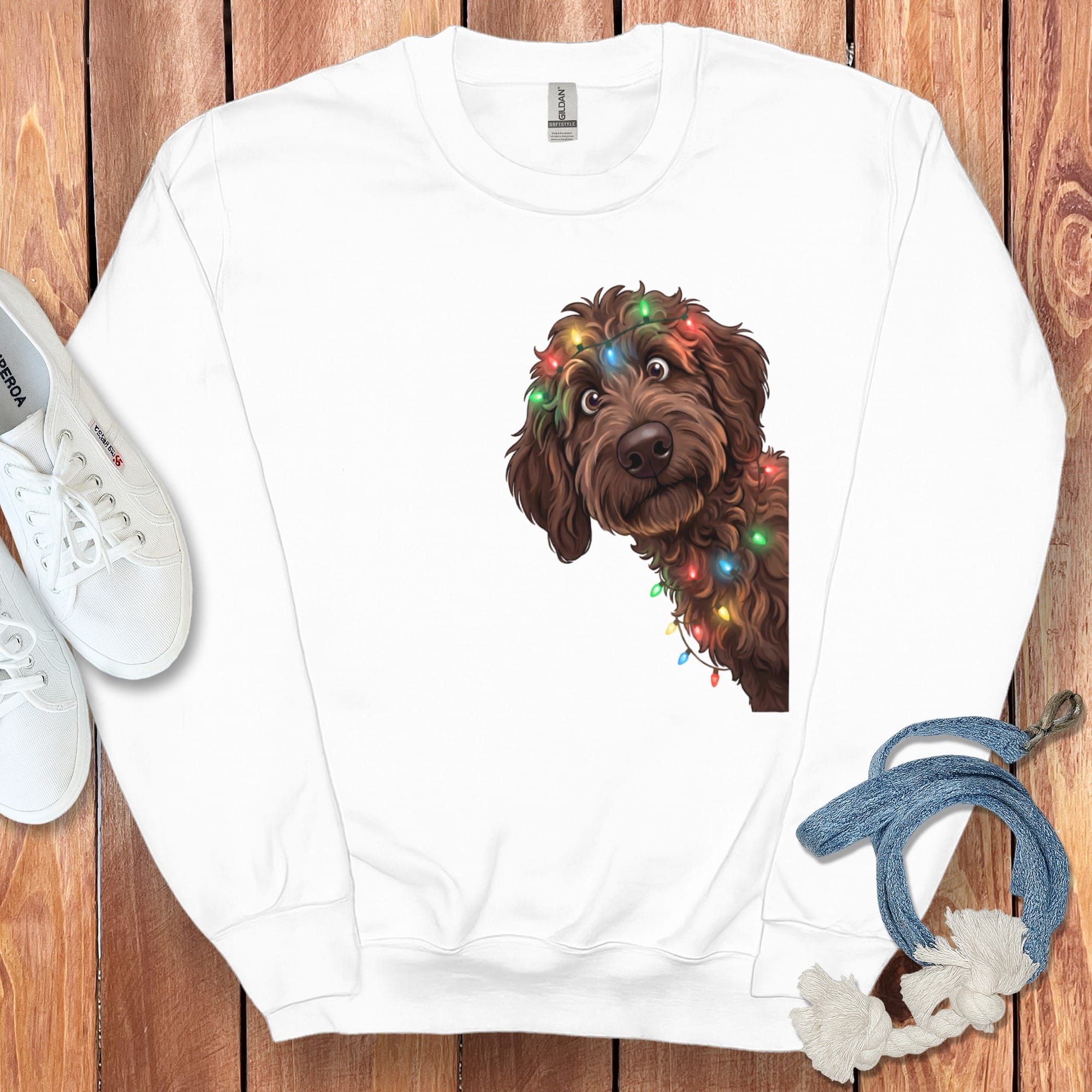 Peeking Chocolate Goldendoodle Holiday Sweatshirt in White / M by Puppy Jo