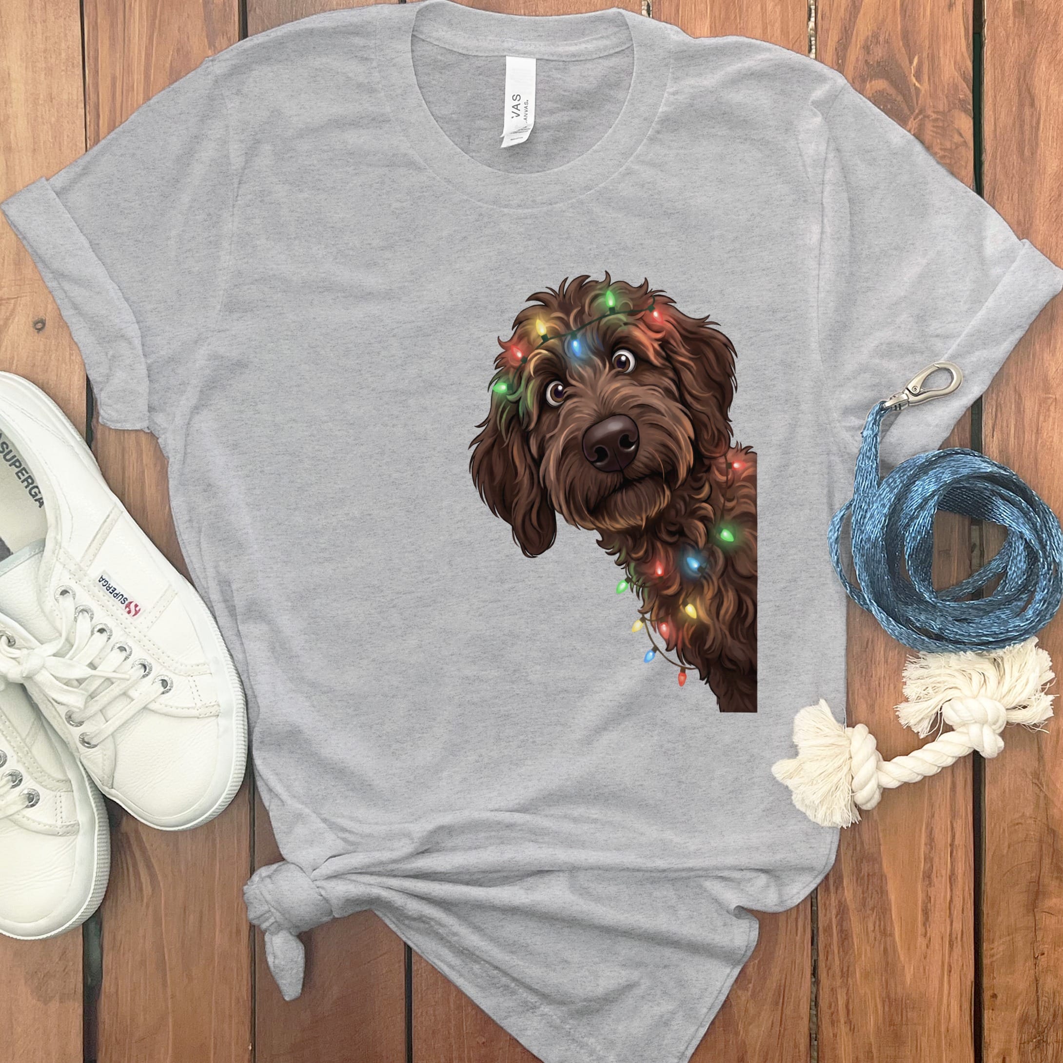 Peeking Chocolate Goldendoodle Holiday T-Shirt in Athletic Heather / M / T-Shirts by Puppy Jo