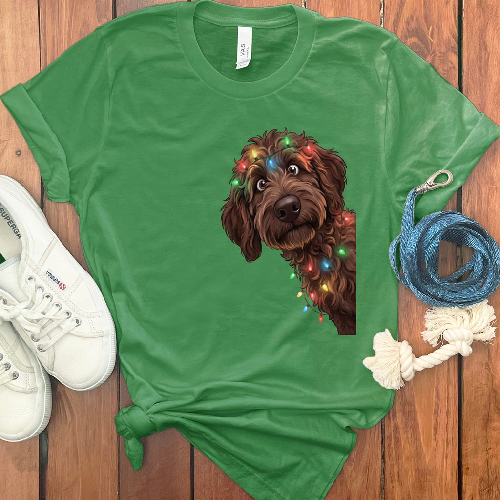 Peeking Chocolate Goldendoodle Holiday T-Shirt in Leaf / M / T-Shirts by Puppy Jo