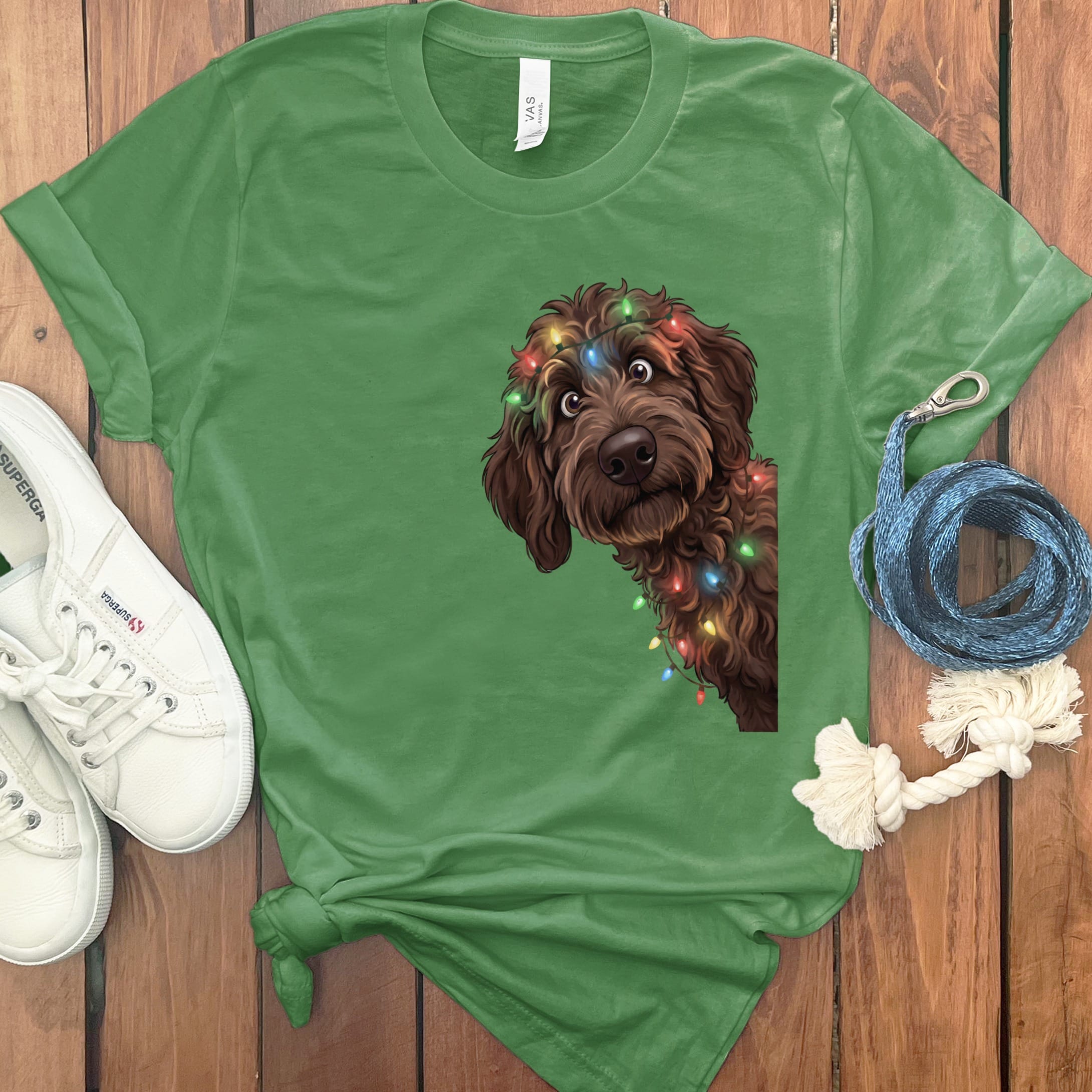 Peeking Chocolate Goldendoodle Holiday T-Shirt in Leaf / M / T-Shirts by Puppy Jo