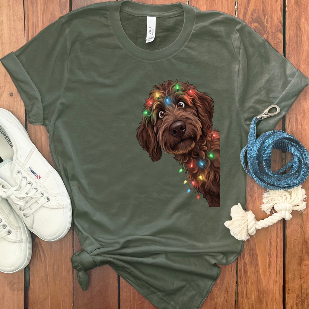 Peeking Chocolate Goldendoodle Holiday T-Shirt in Military Green / M / T-Shirts by Puppy Jo