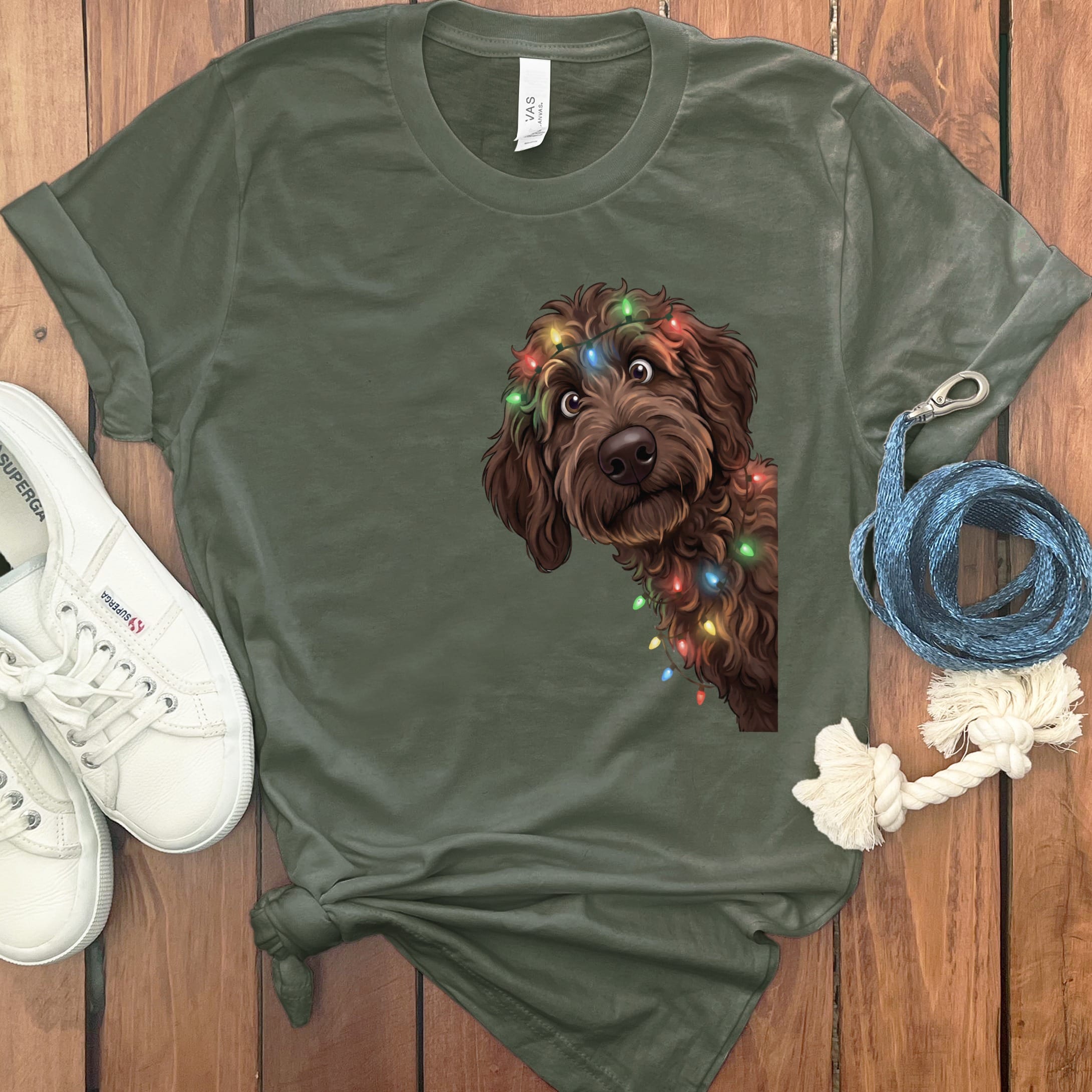 Peeking Chocolate Goldendoodle Holiday T-Shirt in Military Green / M / T-Shirts by Puppy Jo