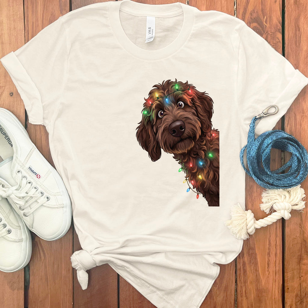 Peeking Chocolate Goldendoodle Holiday T-Shirt in Natural / M / T-Shirts by Puppy Jo