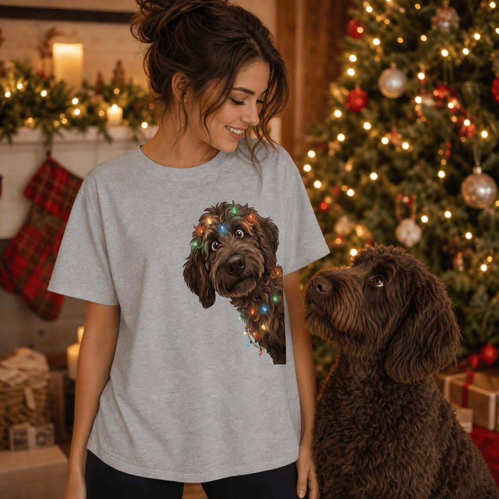 Peeking Chocolate Goldendoodle Holiday T-Shirt in by Puppy Jo