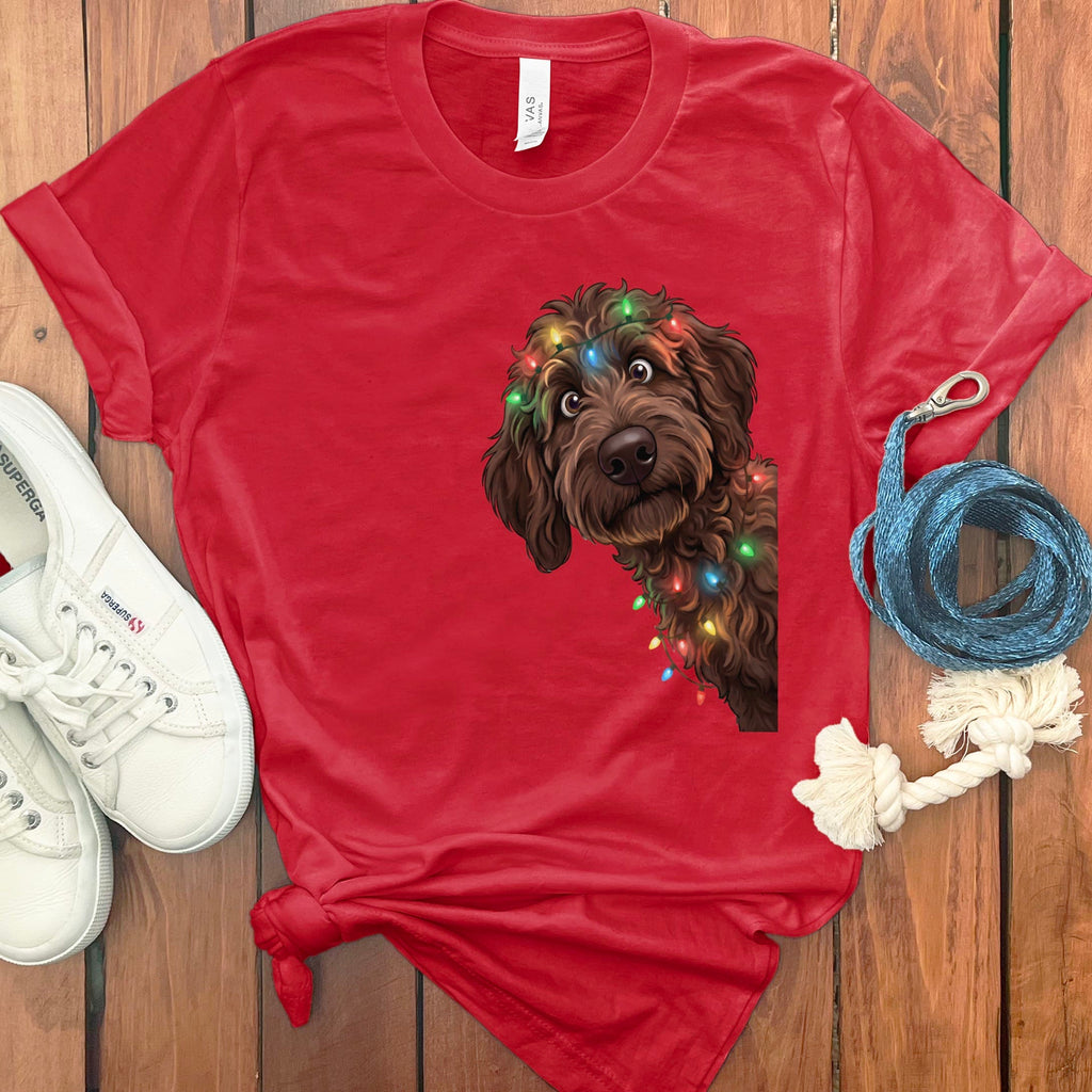 Peeking Chocolate Goldendoodle Holiday T-Shirt in Red / M / T-Shirts by Puppy Jo