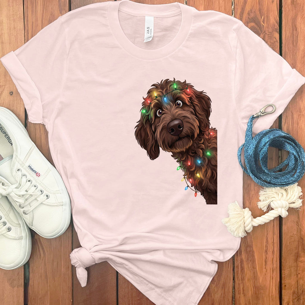Peeking Chocolate Goldendoodle Holiday T-Shirt in Soft Pink / M / T-Shirts by Puppy Jo