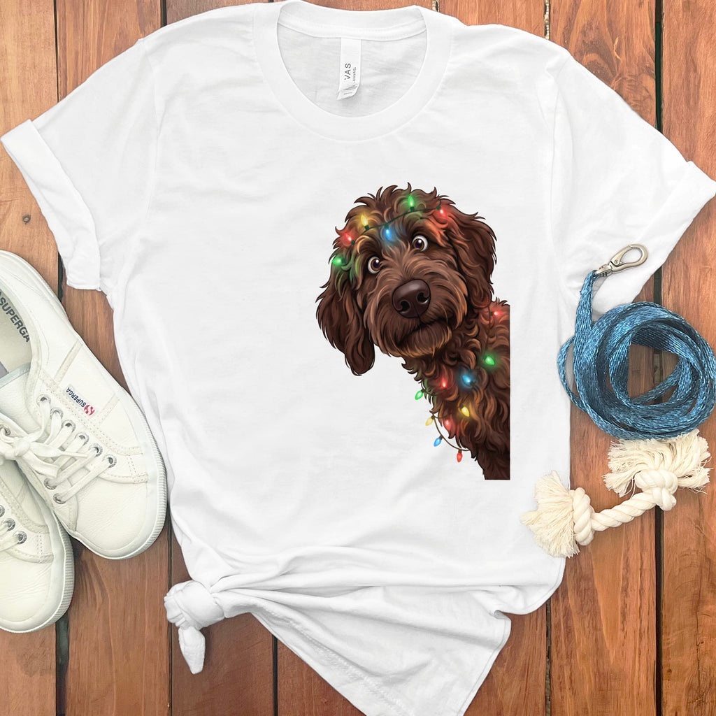 Peeking Chocolate Goldendoodle Holiday T-Shirt in White / M / T-Shirts by Puppy Jo