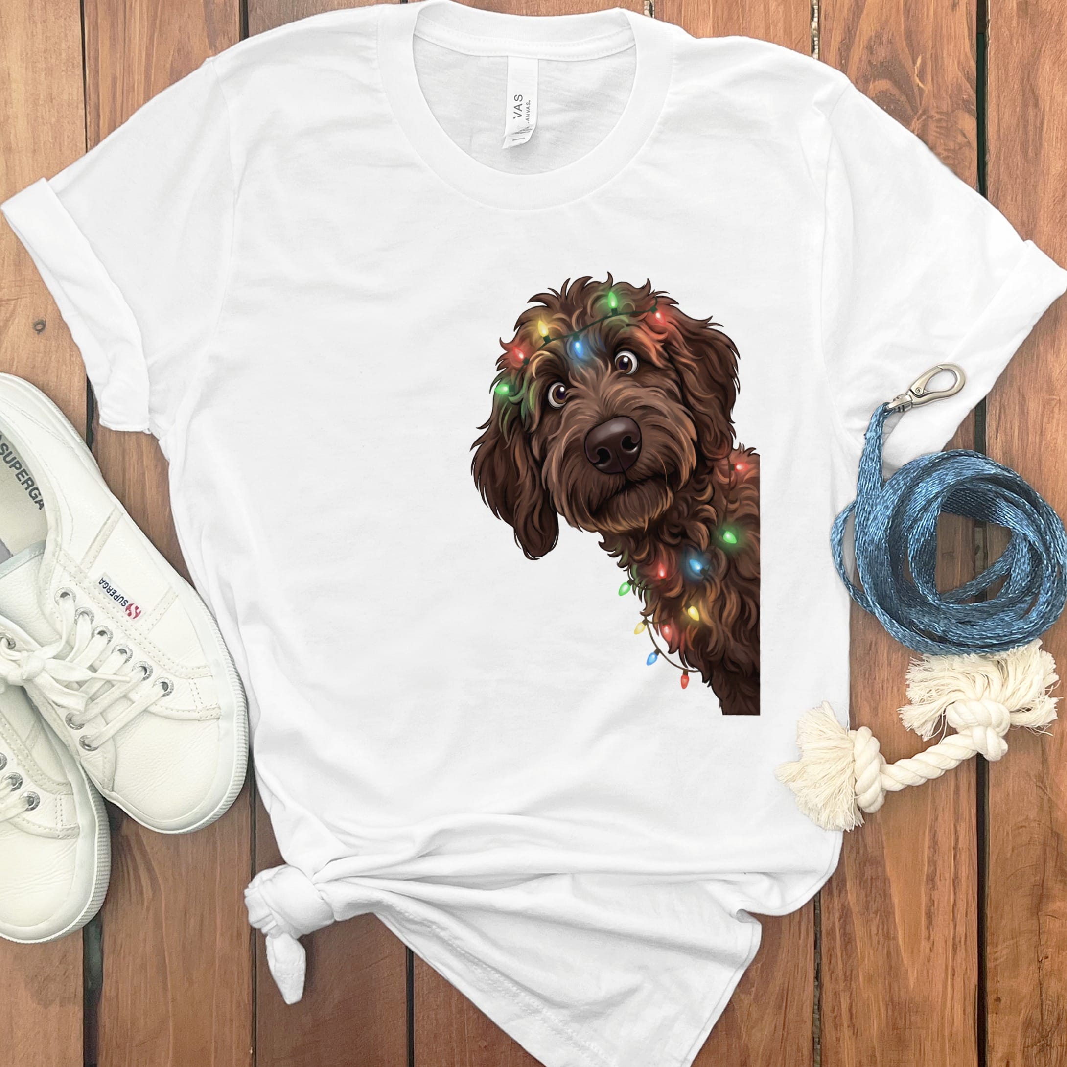 Peeking Chocolate Goldendoodle Holiday T-Shirt in White / M / T-Shirts by Puppy Jo