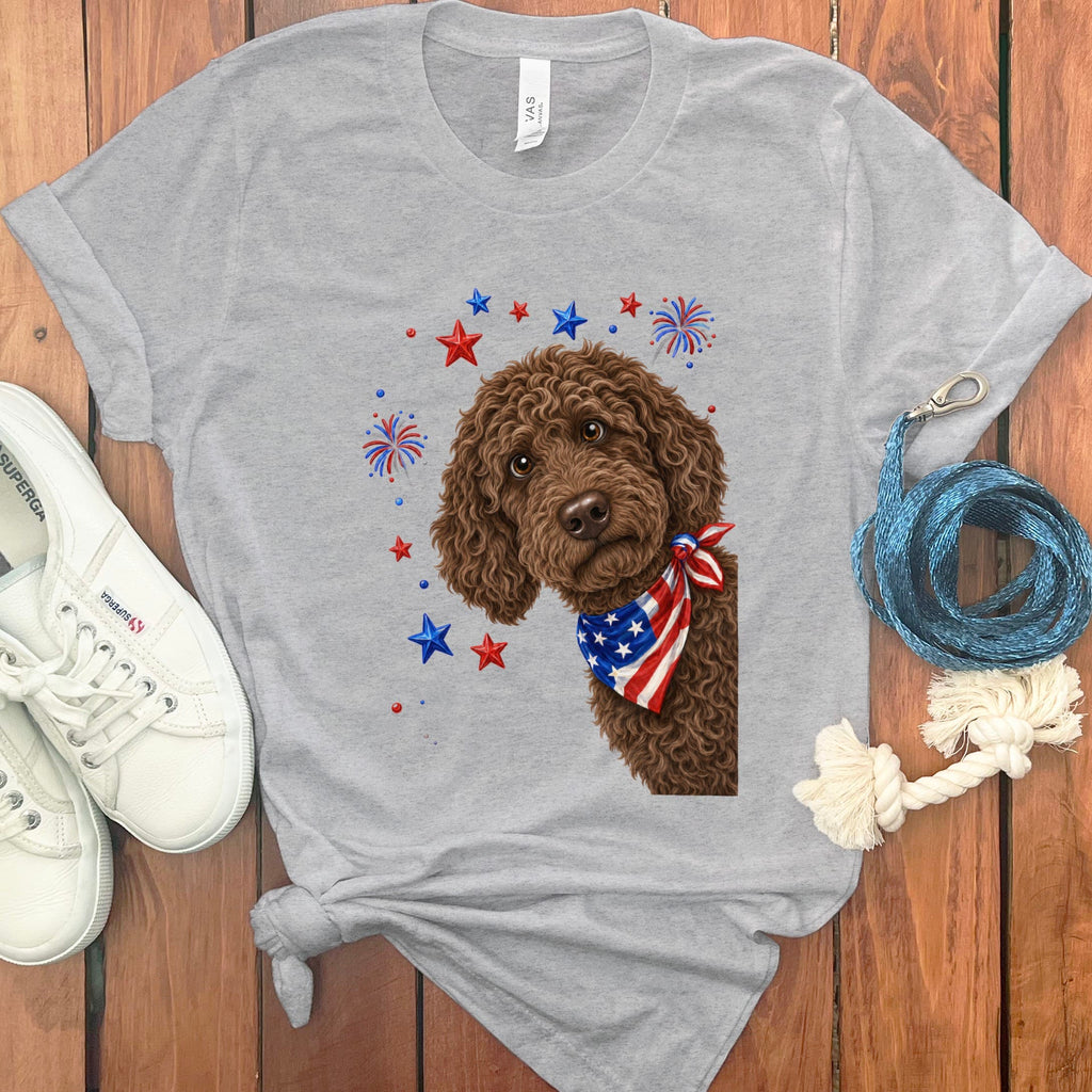 Peeking Chocolate Goldendoodle Patriotic T-Shirt in Athletic Heather / S by Puppy Jo