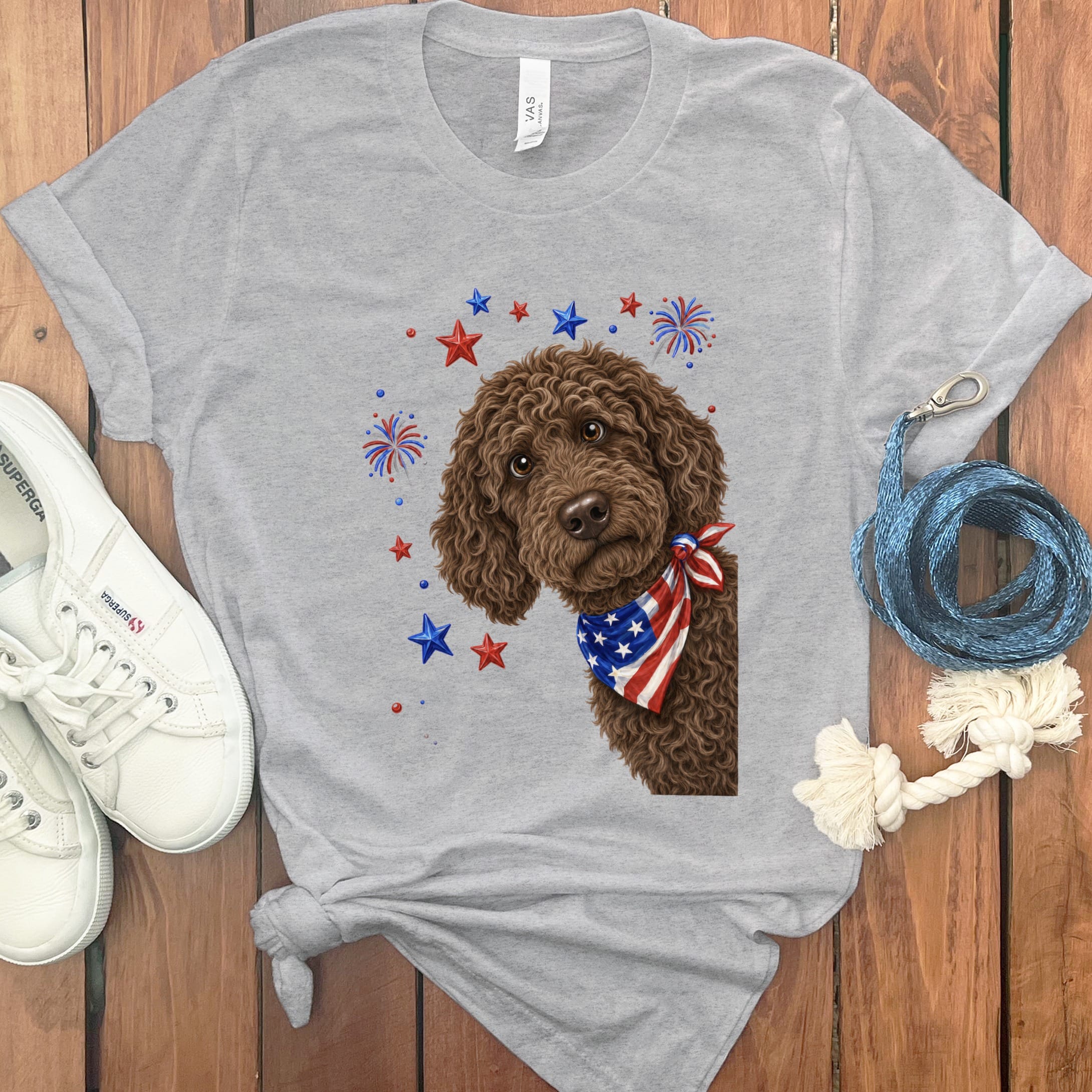 Peeking Chocolate Goldendoodle Patriotic T-Shirt in Athletic Heather / S by Puppy Jo