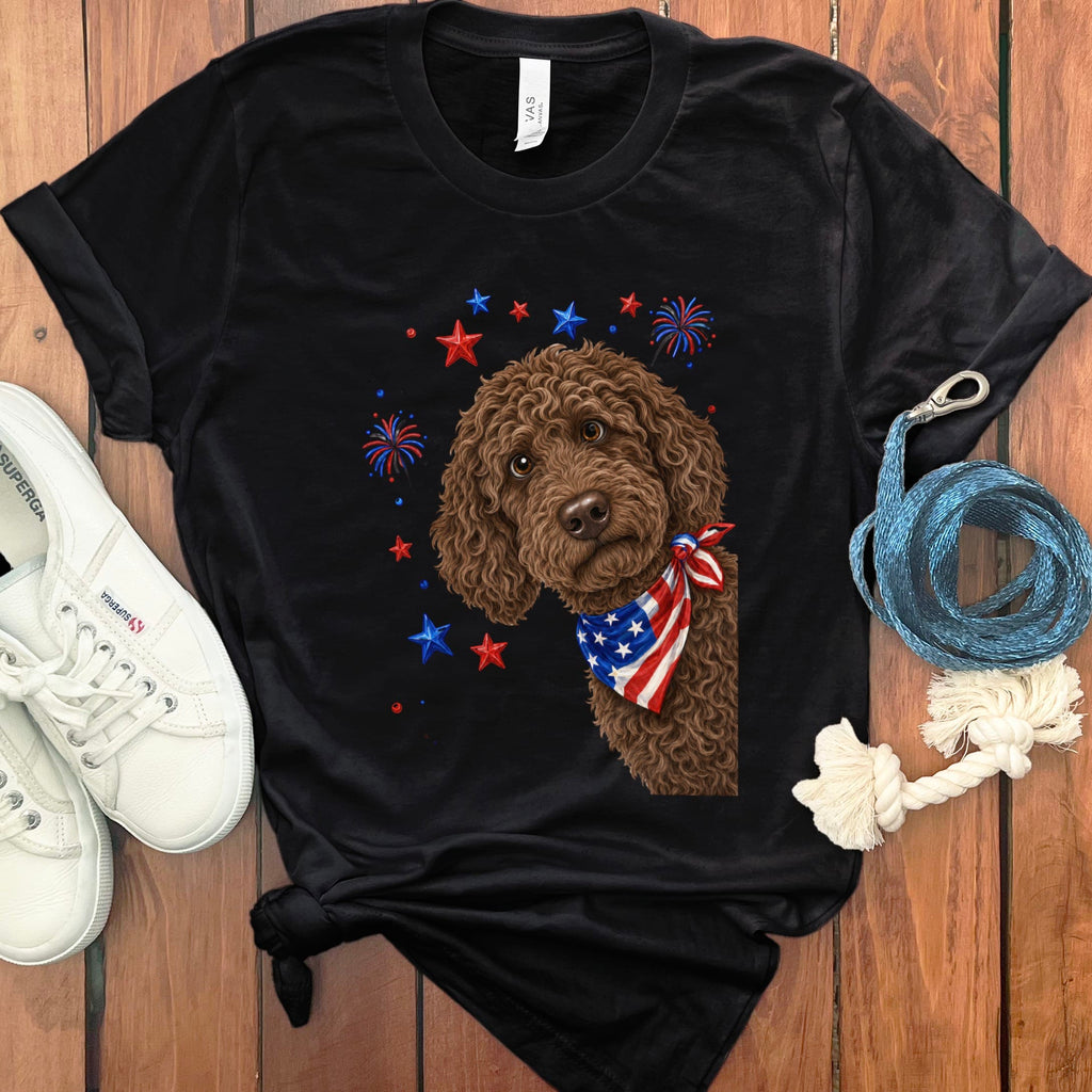 Peeking Chocolate Goldendoodle Patriotic T-Shirt in Black / S by Puppy Jo
