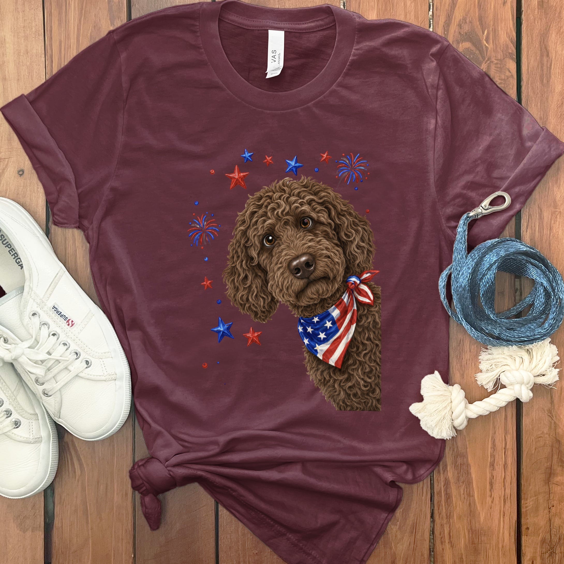 Peeking Chocolate Goldendoodle Patriotic T-Shirt in Maroon / S by Puppy Jo