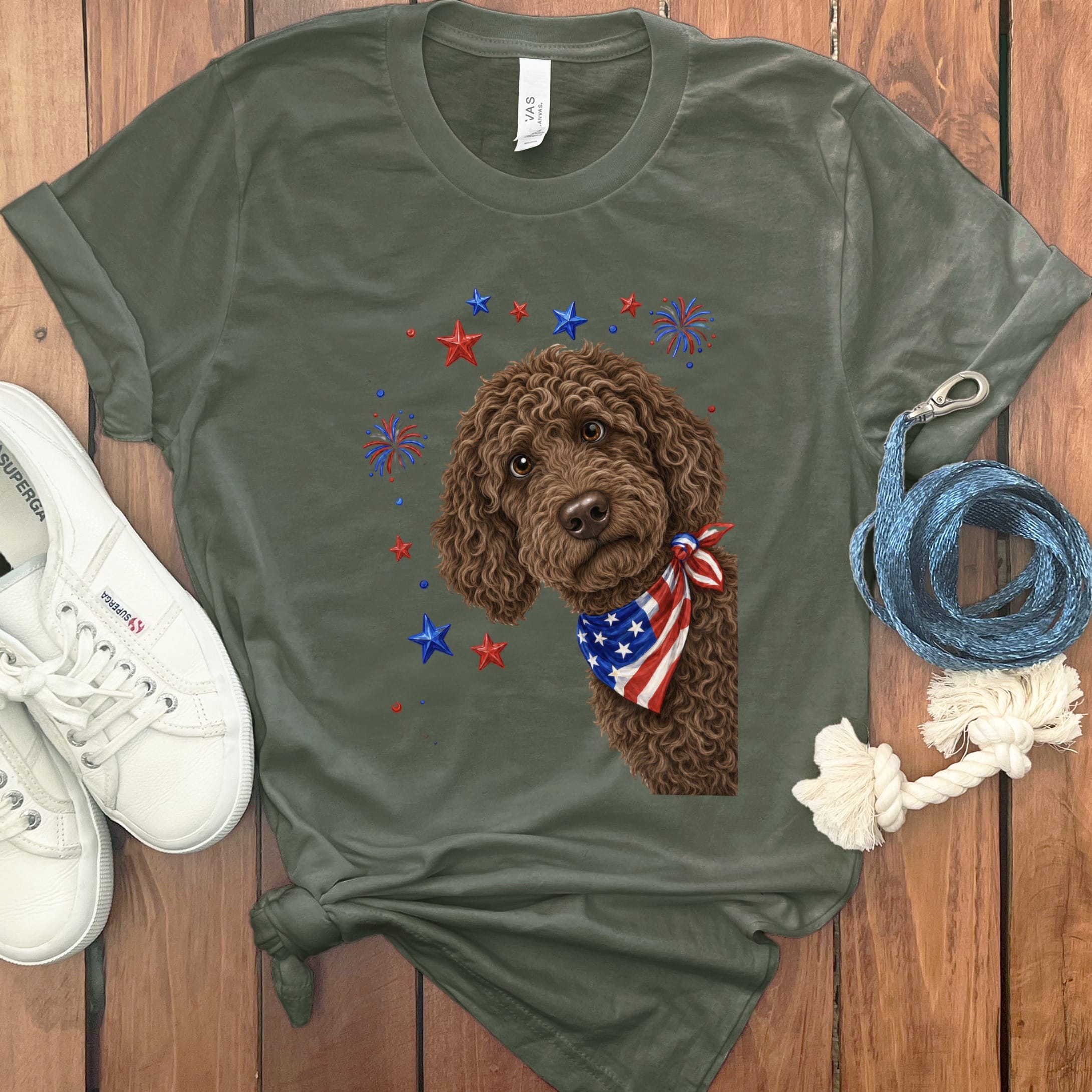 Peeking Chocolate Goldendoodle Patriotic T-Shirt in Military Green / S by Puppy Jo