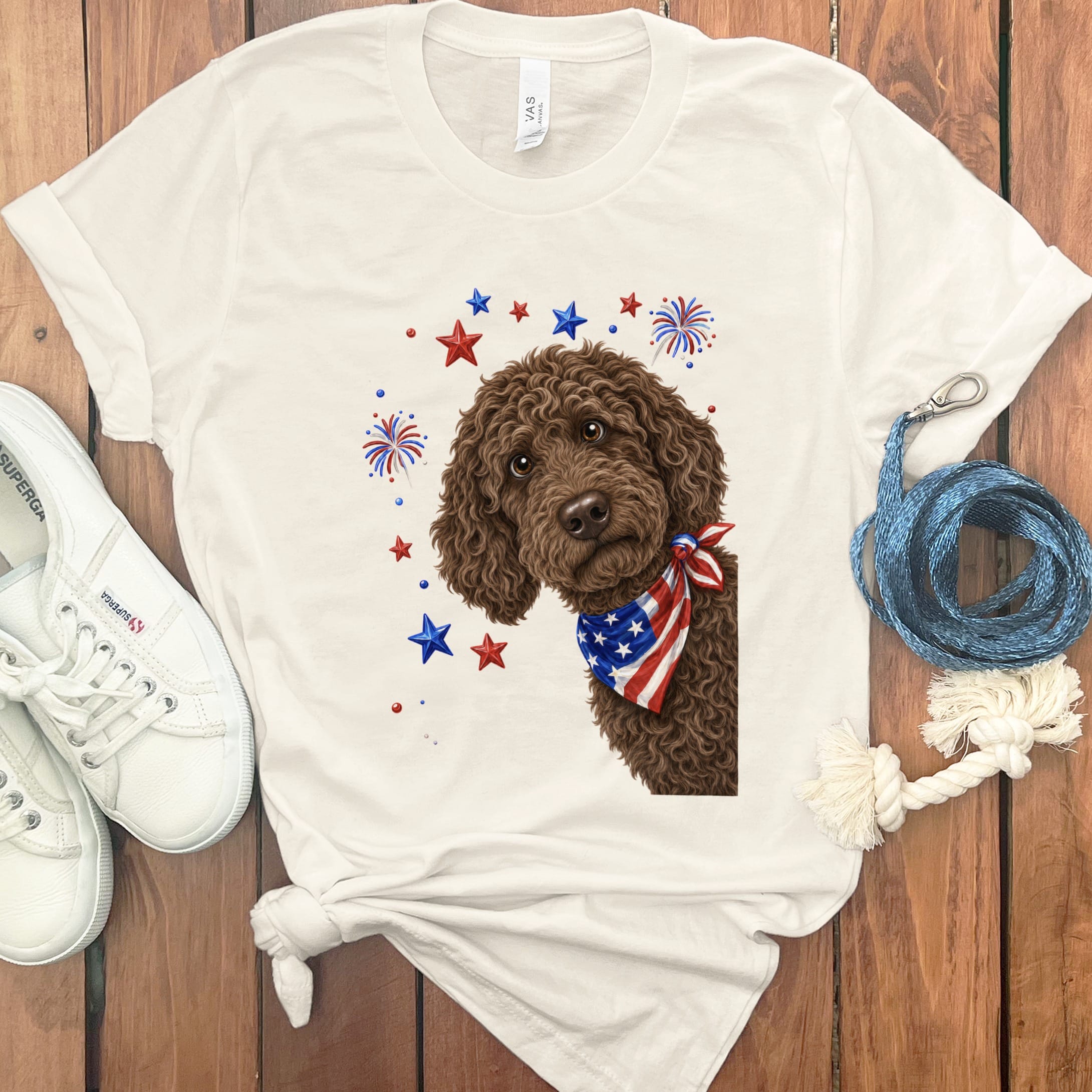 Peeking Chocolate Goldendoodle Patriotic T-Shirt in Natural / S by Puppy Jo