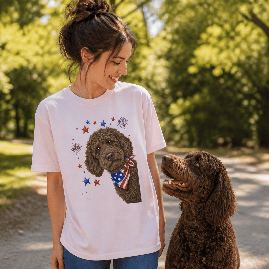 Peeking Chocolate Goldendoodle Patriotic T-Shirt in by Puppy Jo
