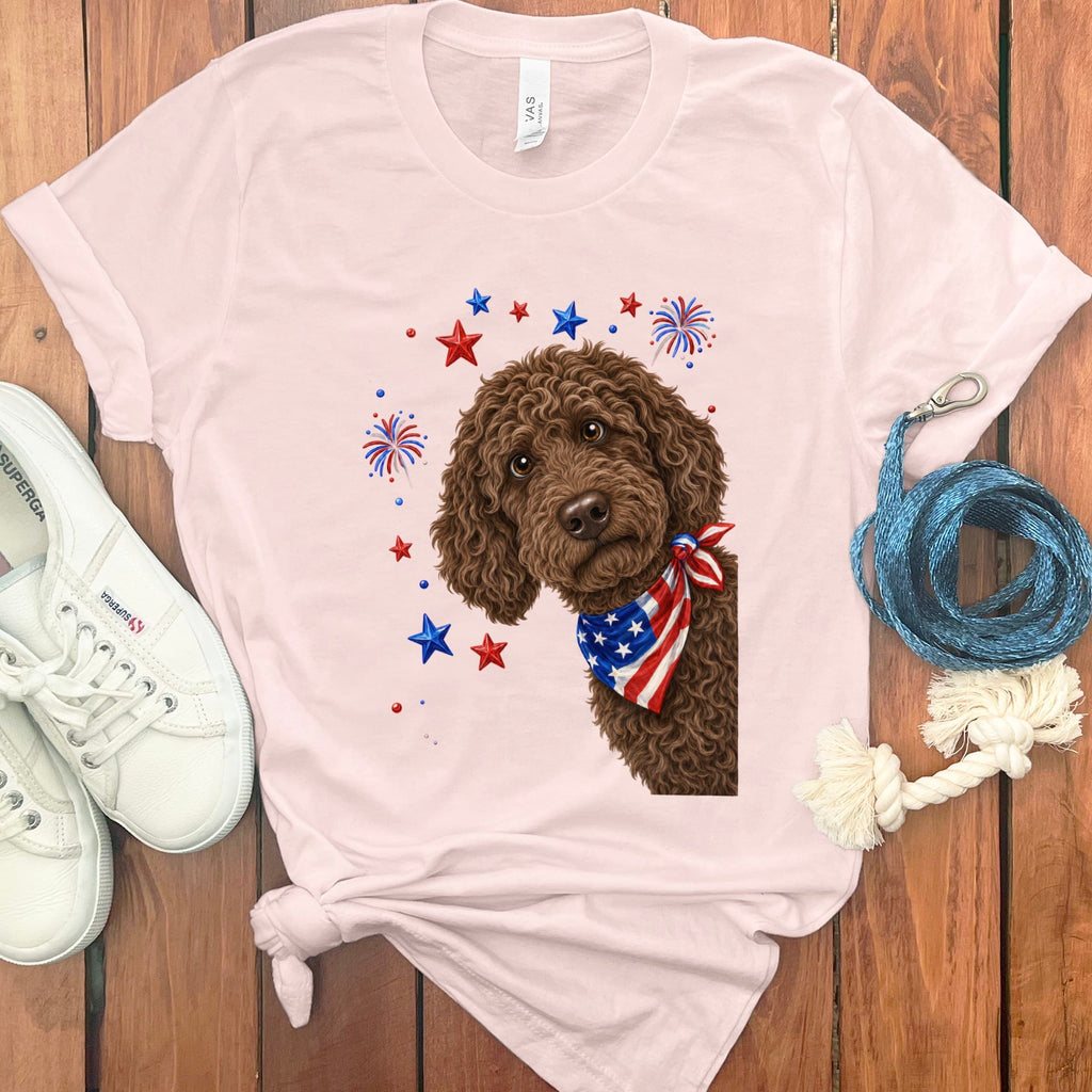 Peeking Chocolate Goldendoodle Patriotic T-Shirt in Soft Pink / S by Puppy Jo