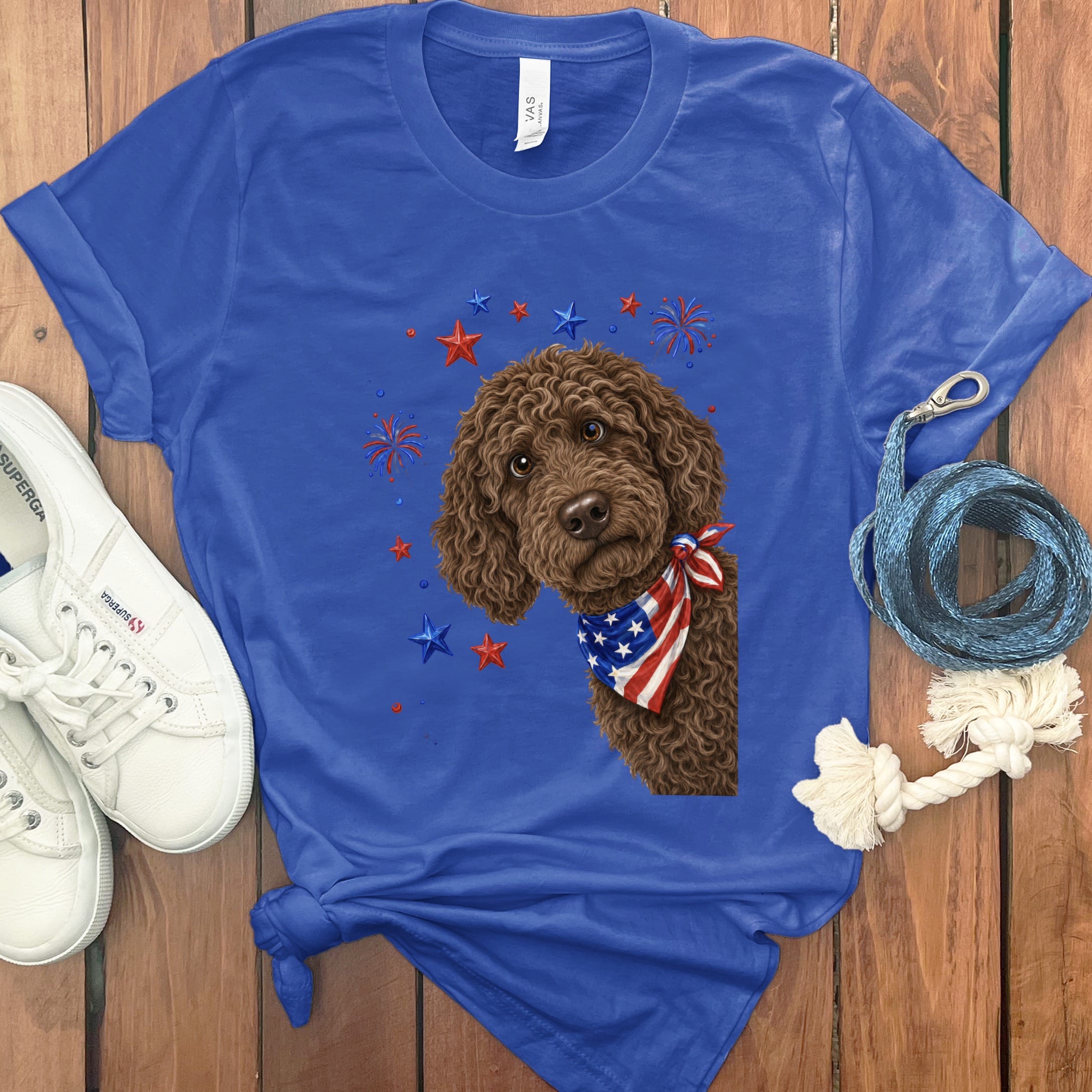Peeking Chocolate Goldendoodle Patriotic T-Shirt in True Royal / S by Puppy Jo