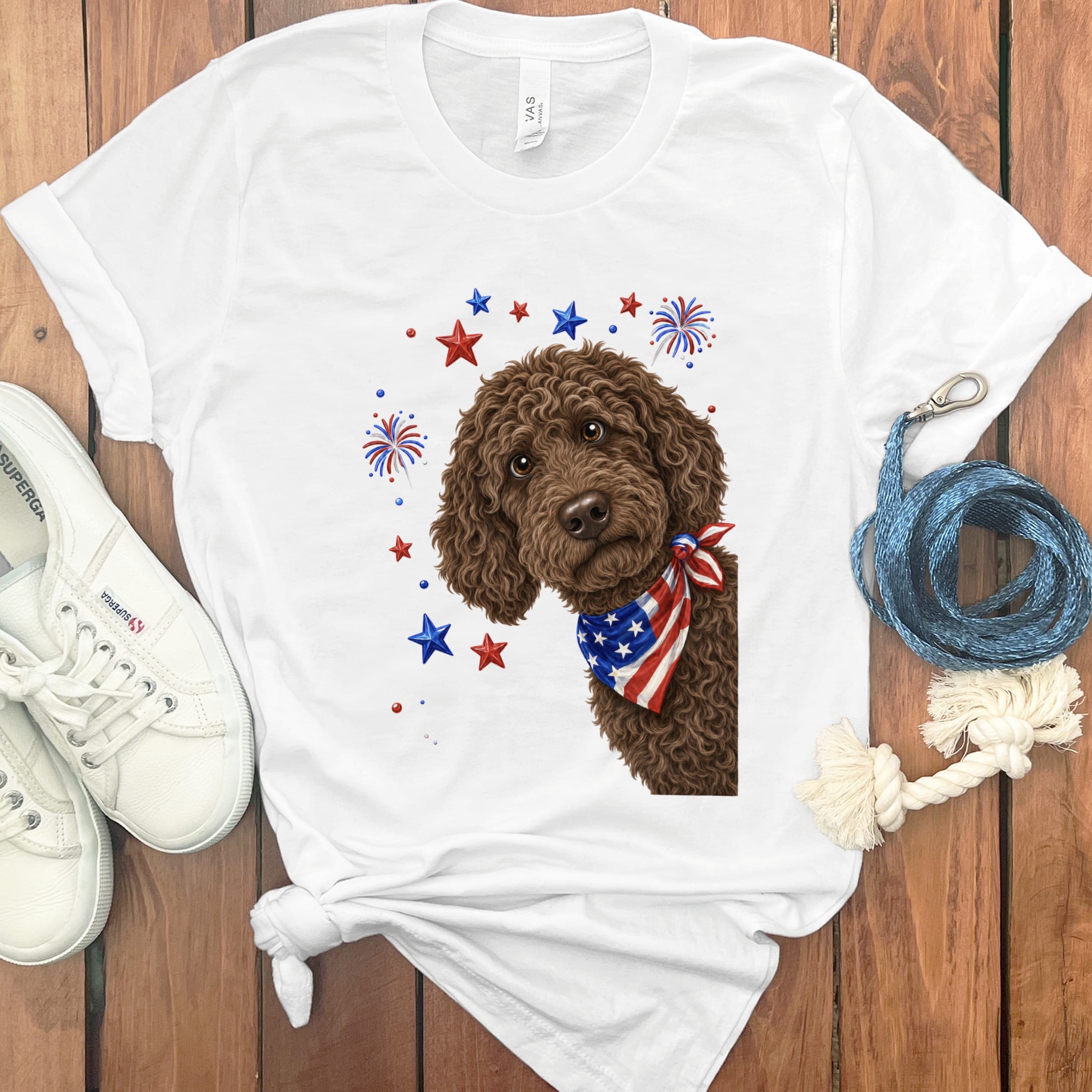 Peeking Chocolate Goldendoodle Patriotic T-Shirt in White / S by Puppy Jo