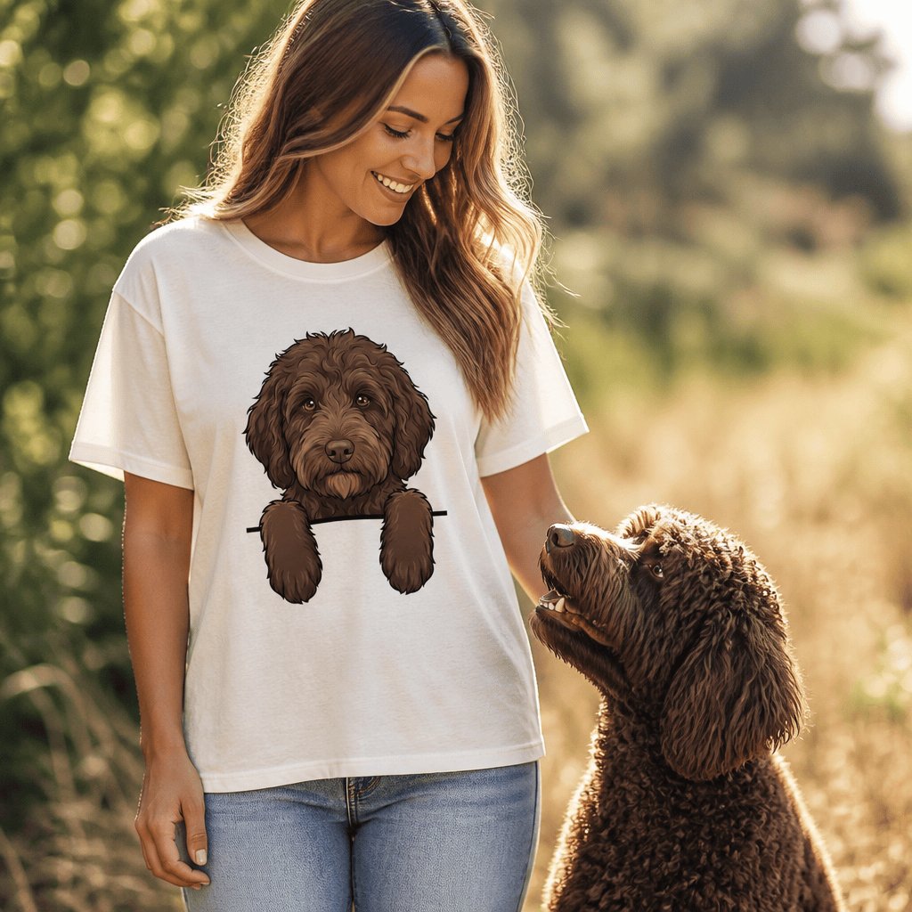 Peeking Chocolate Goldendoodle T-Shirt in by Puppy Jo
