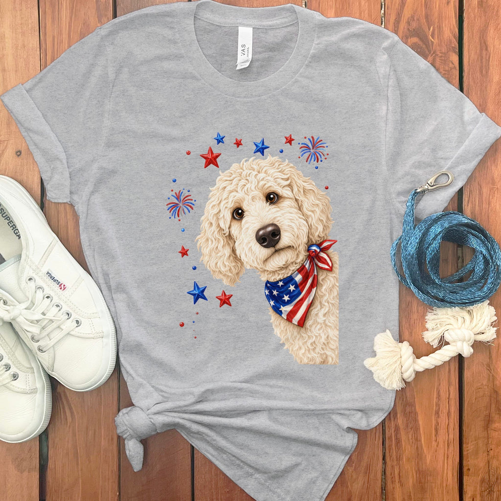 Peeking Cream Goldendoodle Patriotic T-Shirt in Athletic Heather / S by Puppy Jo