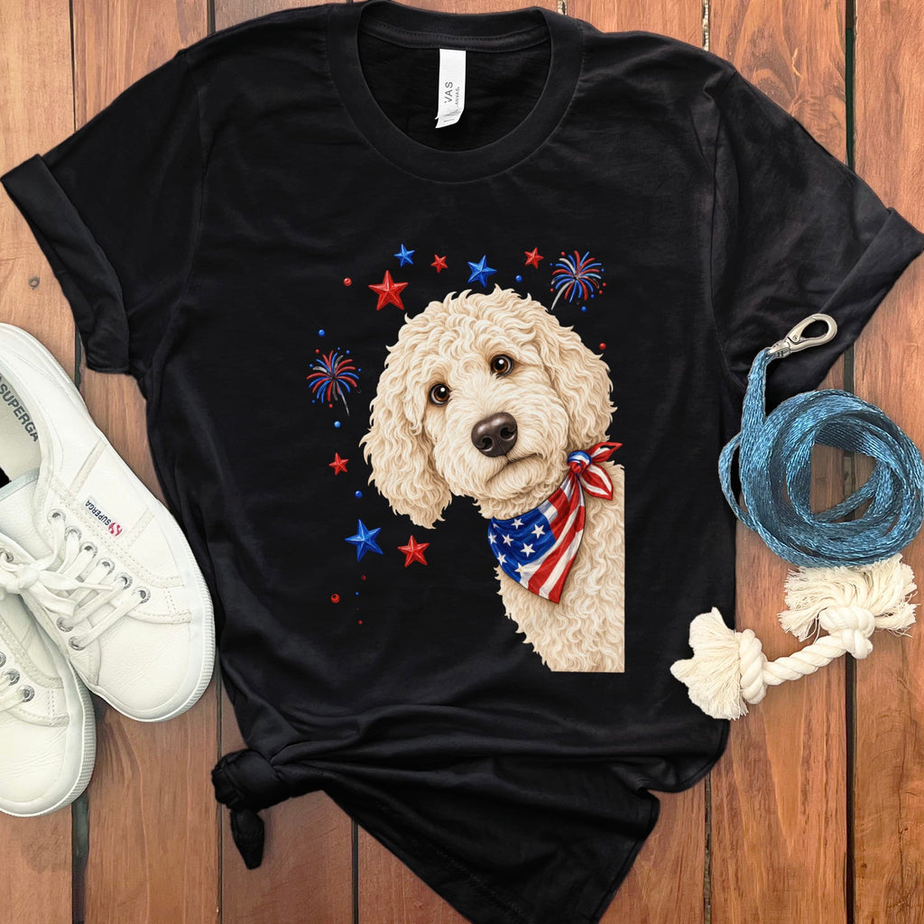 Peeking Cream Goldendoodle Patriotic T-Shirt in Black / S by Puppy Jo
