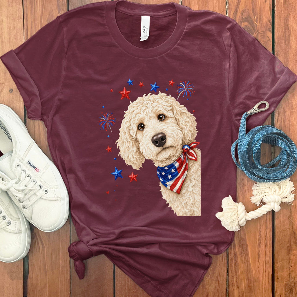 Peeking Cream Goldendoodle Patriotic T-Shirt in Maroon / S by Puppy Jo