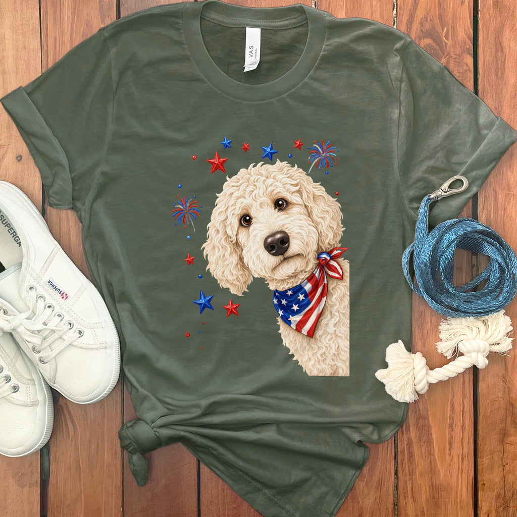 Peeking Cream Goldendoodle Patriotic T-Shirt in Military Green / S by Puppy Jo