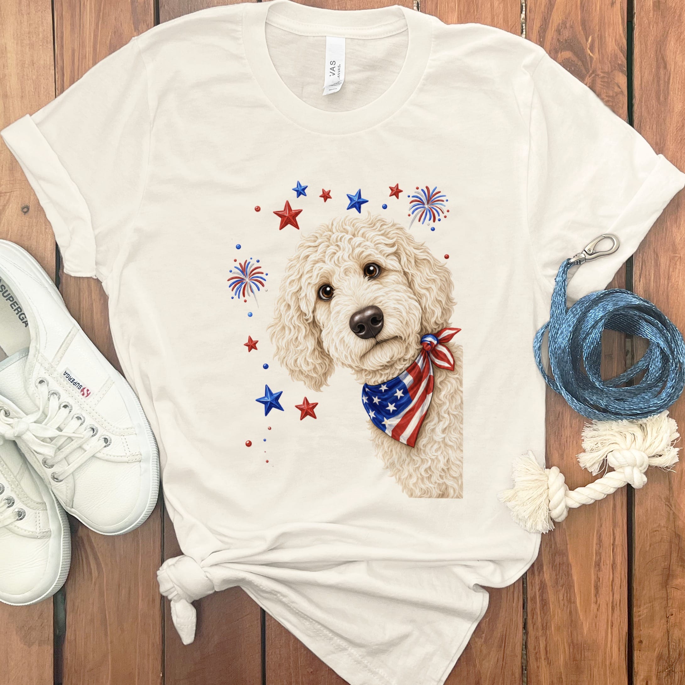 Peeking Cream Goldendoodle Patriotic T-Shirt in Natural / S by Puppy Jo