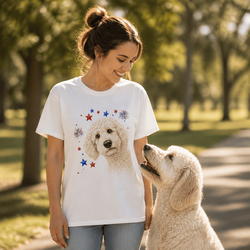Peeking Cream Goldendoodle Patriotic T-Shirt in by Puppy Jo
