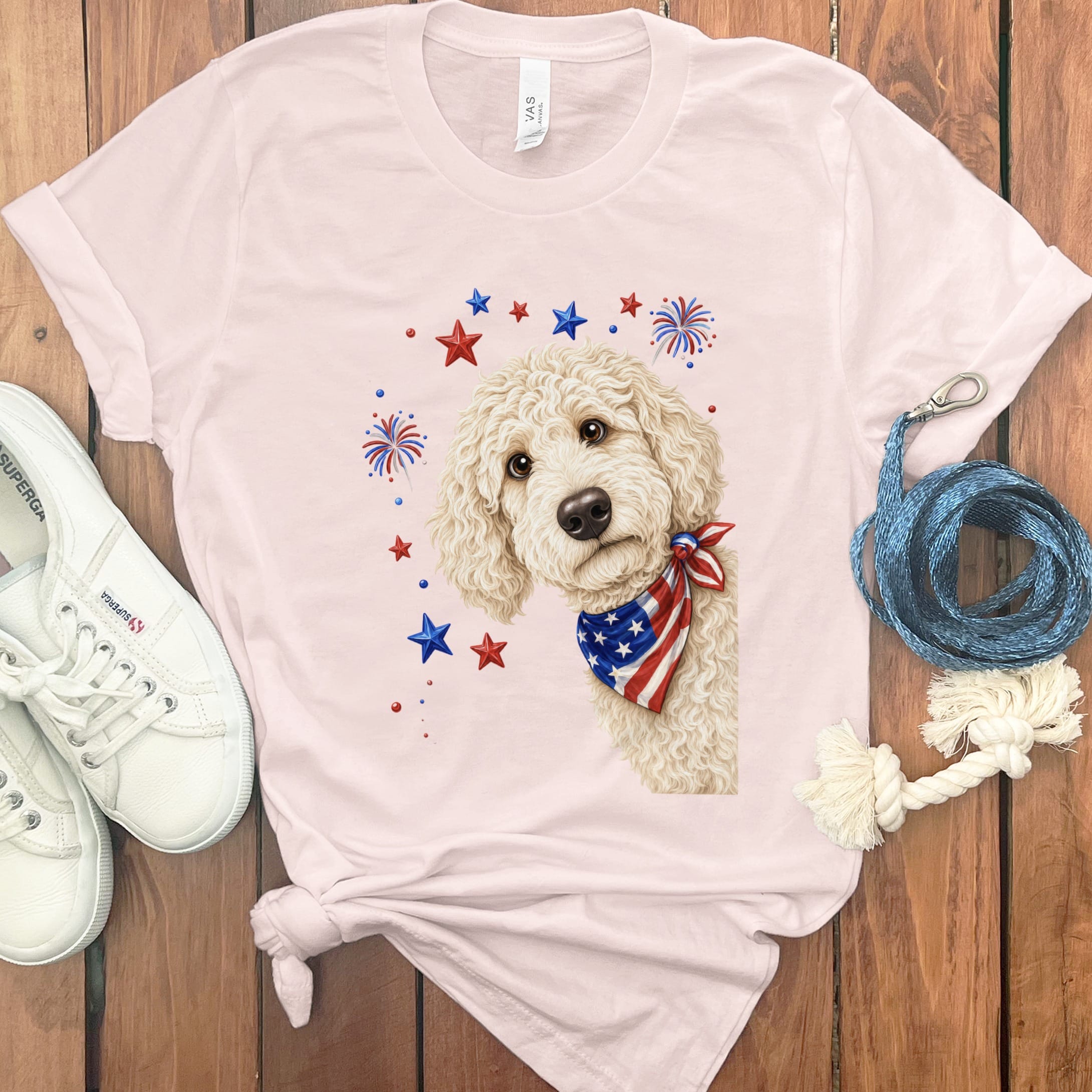 Peeking Cream Goldendoodle Patriotic T-Shirt in Soft Pink / S by Puppy Jo