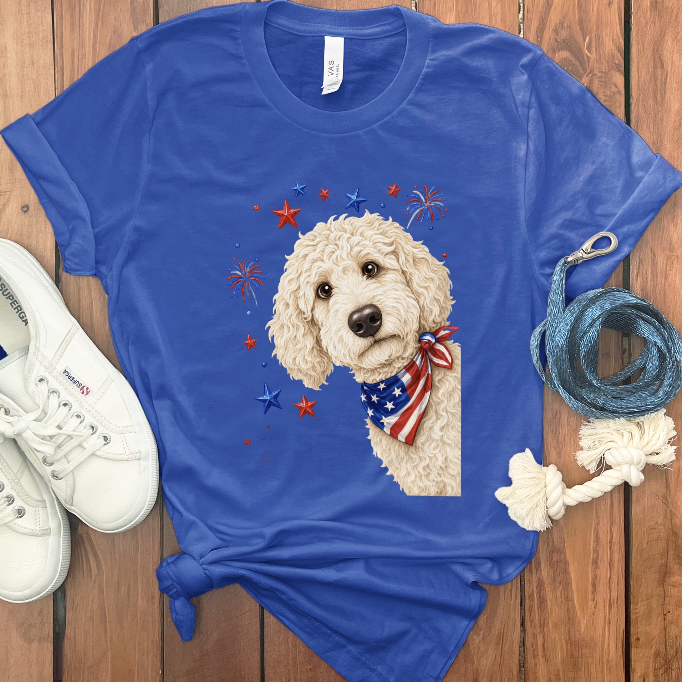 Peeking Cream Goldendoodle Patriotic T-Shirt in True Royal / S by Puppy Jo