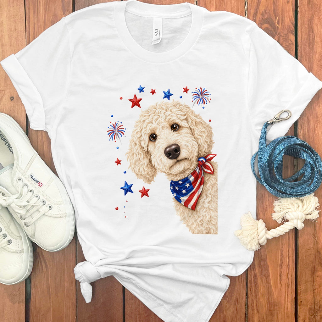 Peeking Cream Goldendoodle Patriotic T-Shirt in White / S by Puppy Jo