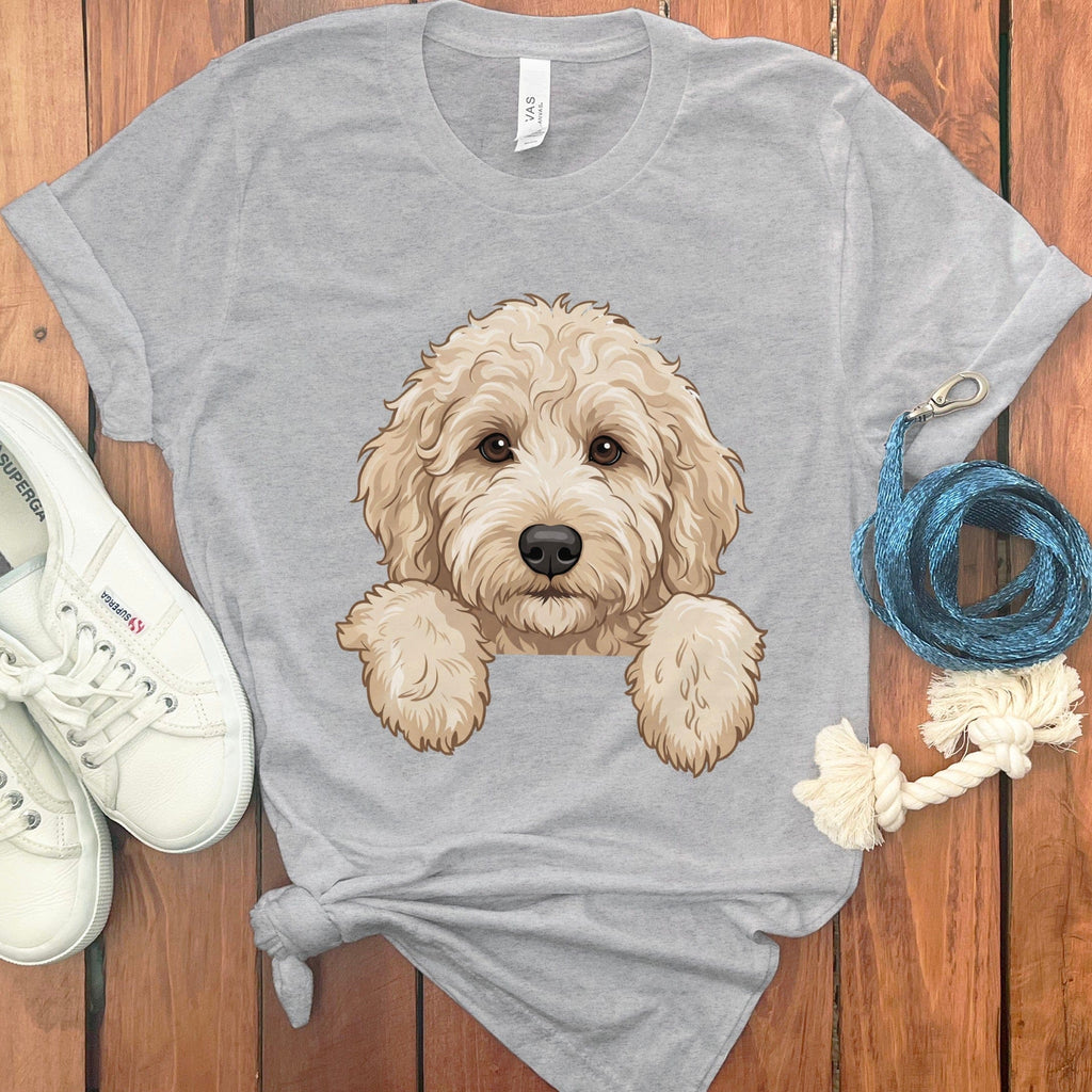 Peeking Cream Goldendoodle T-Shirt in Athletic Heather / S / T-Shirts #1 by Puppy Jo
