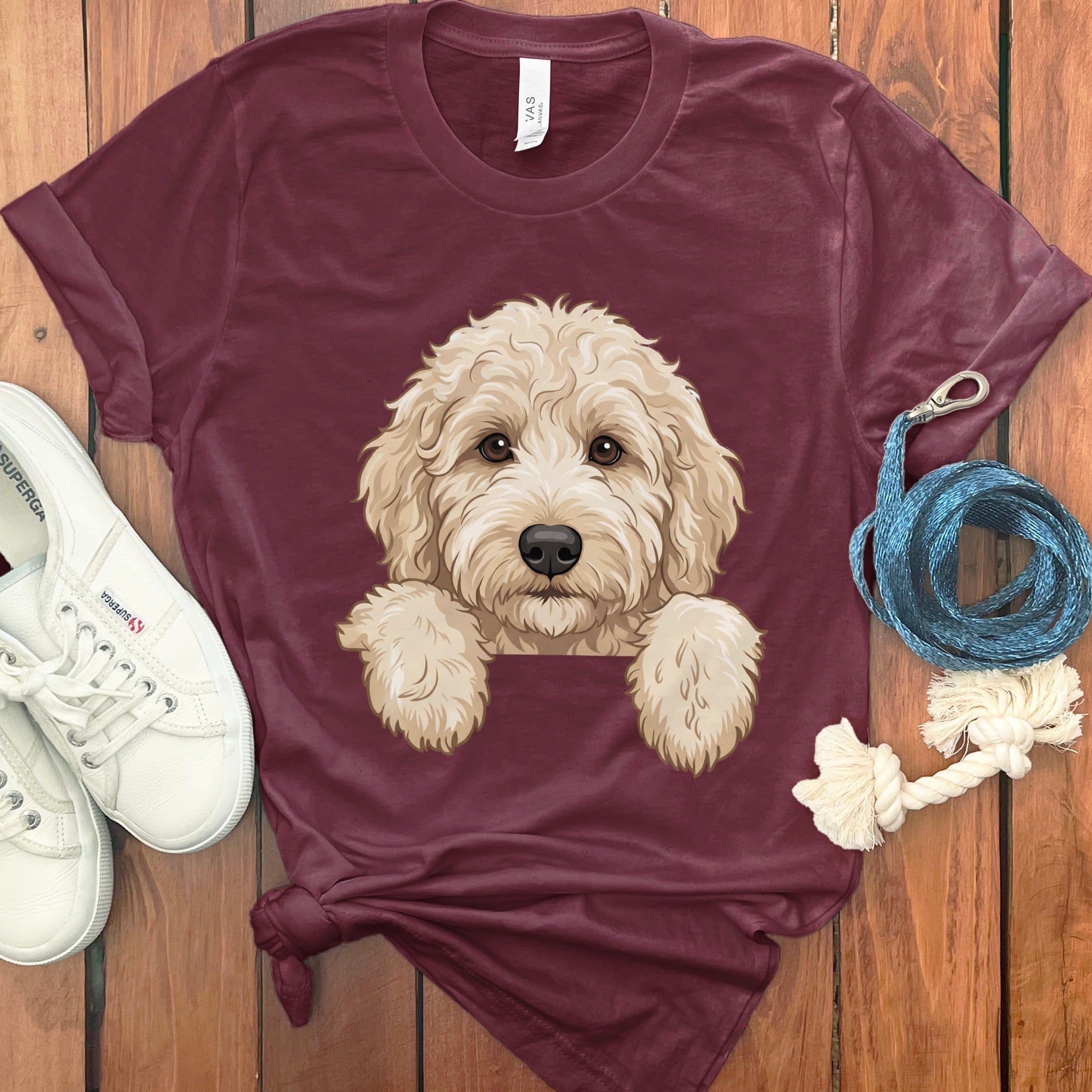 Peeking Cream Goldendoodle T-Shirt in Maroon / S / T-Shirts by Puppy Jo