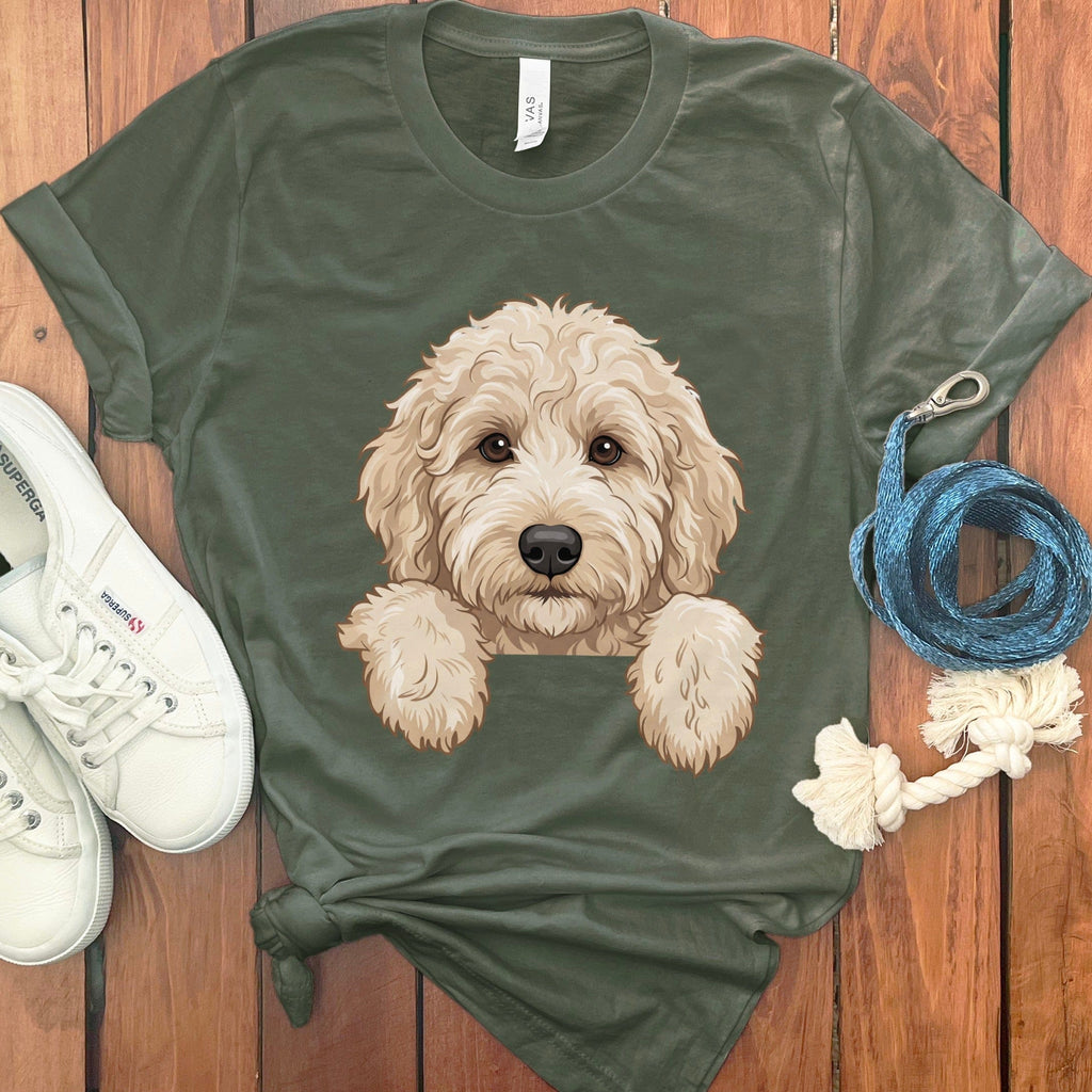 Peeking Cream Goldendoodle T-Shirt in Military Green / S / T-Shirts by Puppy Jo