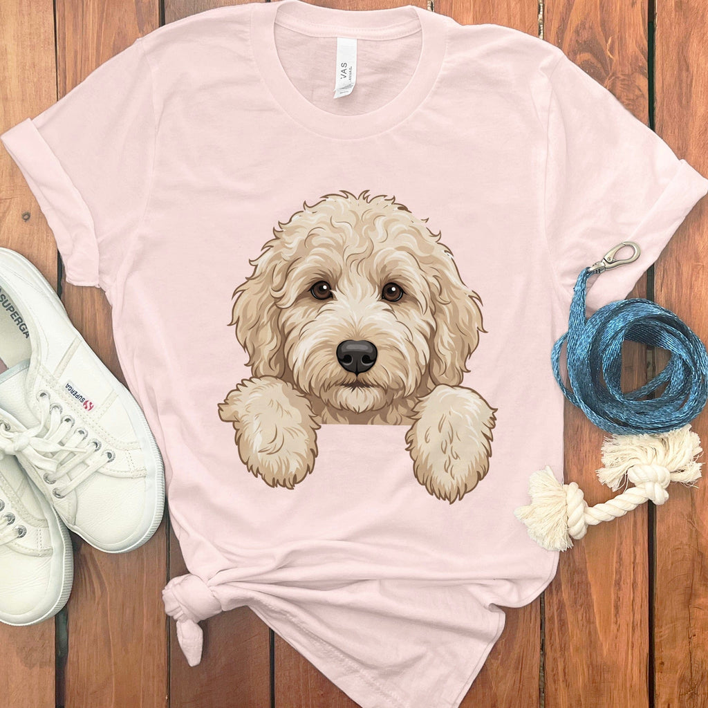 Peeking Cream Goldendoodle T-Shirt in Soft Pink / S / T-Shirts #1 by Puppy Jo